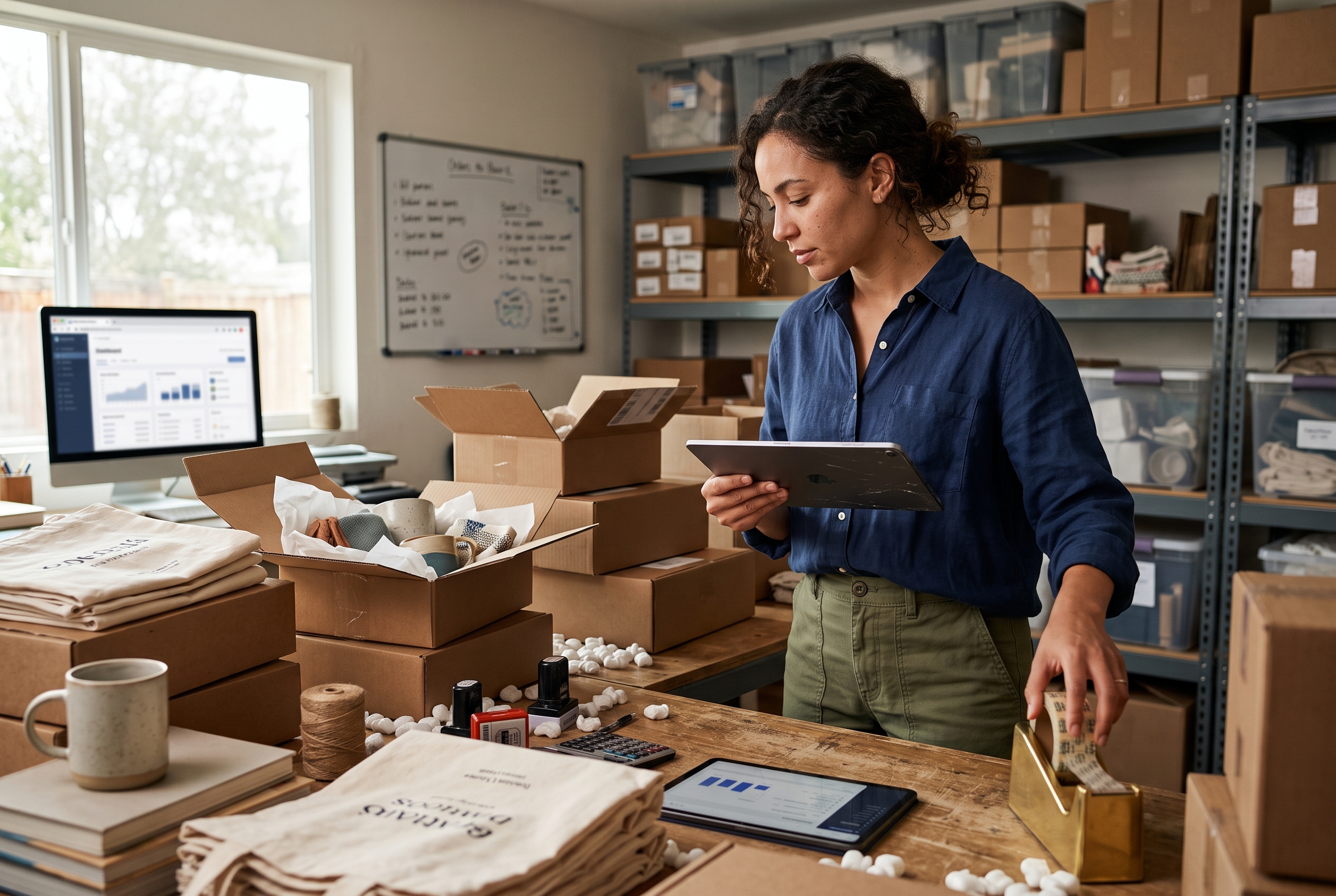 Founder packing orders in a small home warehouse while checking a tablet showing the day's orders