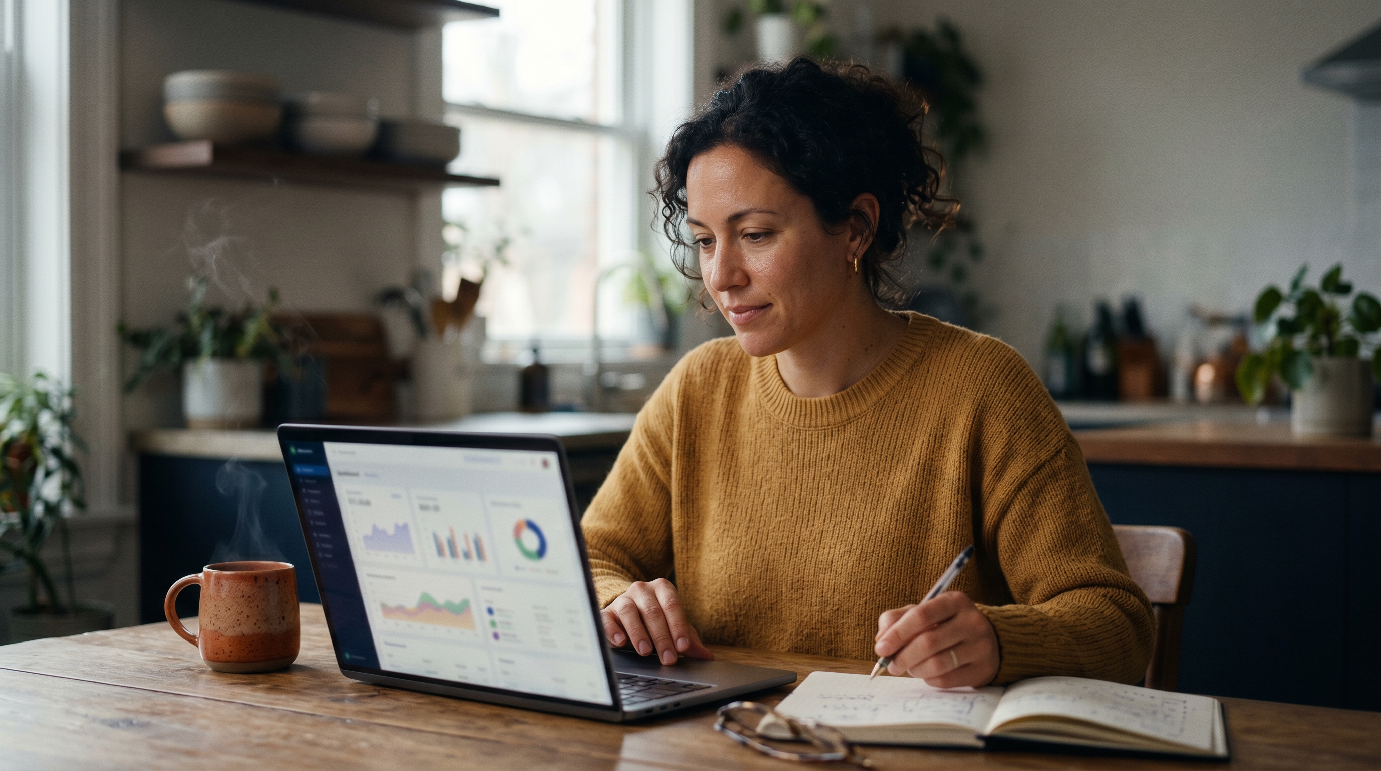 Small business owner reviewing platform invoices on a laptop at a kitchen table with a coffee mug and notebook