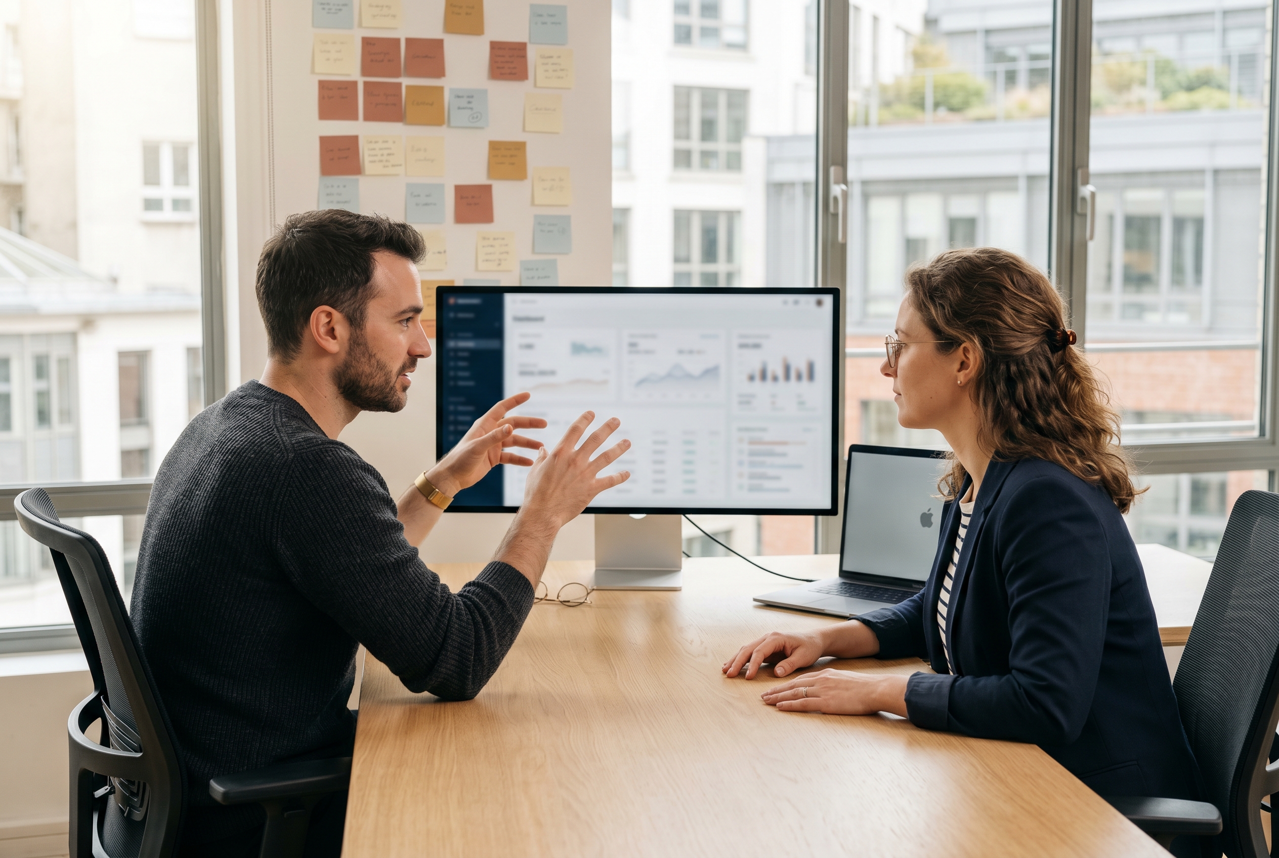 Two founders comparing subscription costs on a wide monitor in a bright office with sticky notes on the wall