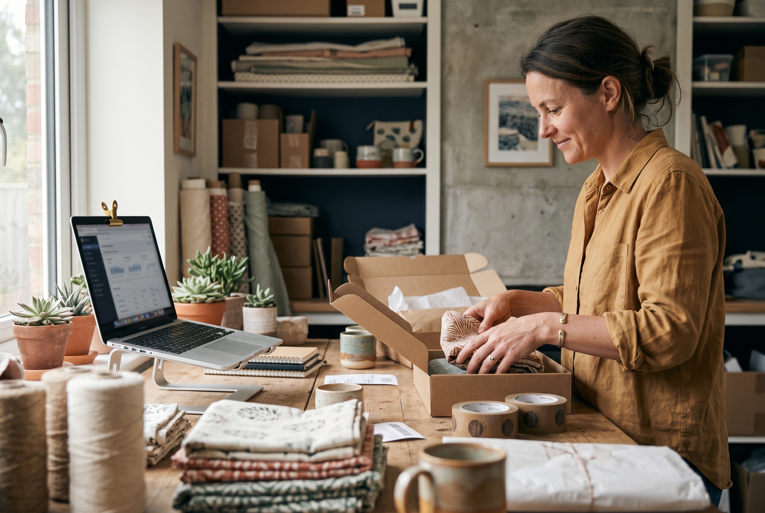 Online seller packing handmade products into shipping boxes in a small home studio with a laptop open nearby