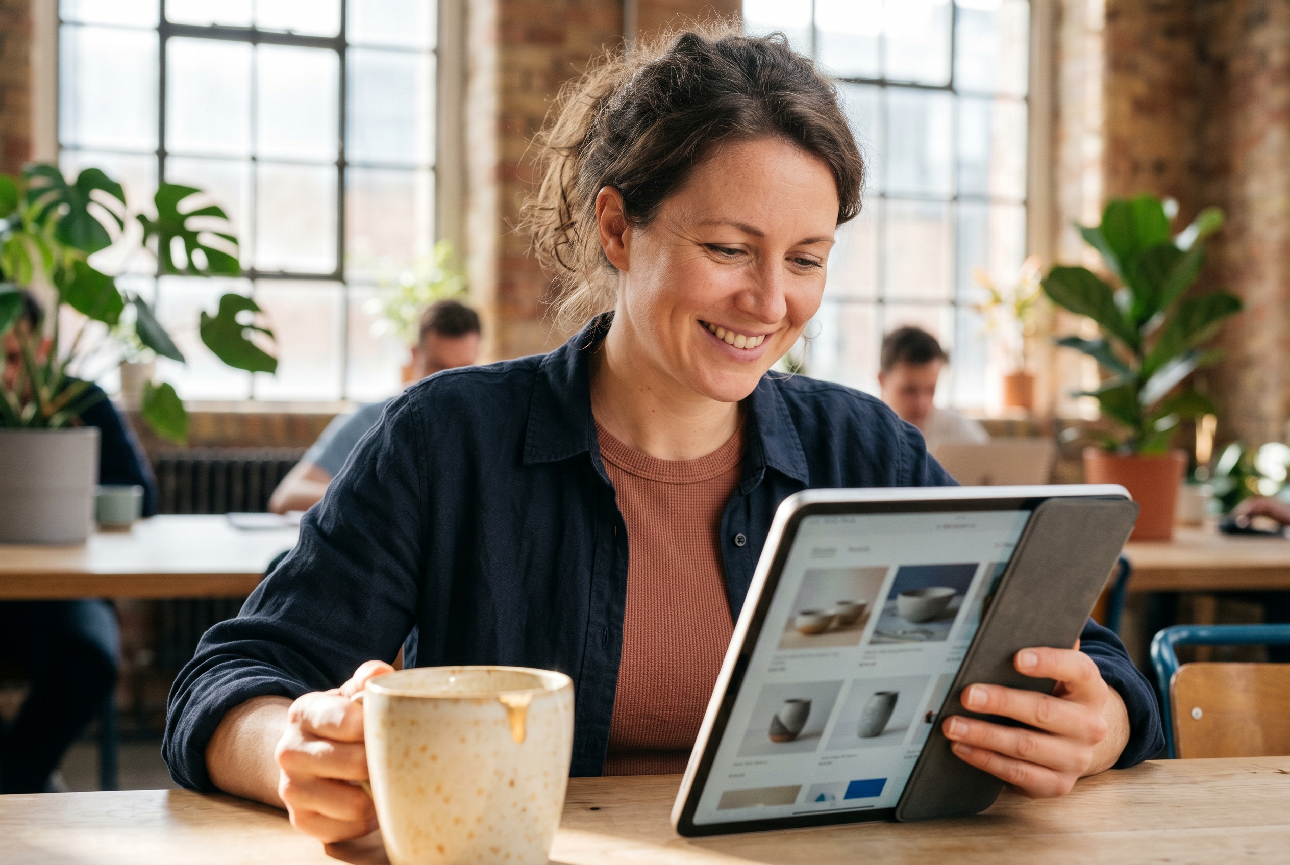 Founder smiling while reviewing her live online store on a tablet in a sunlit coworking space with plants