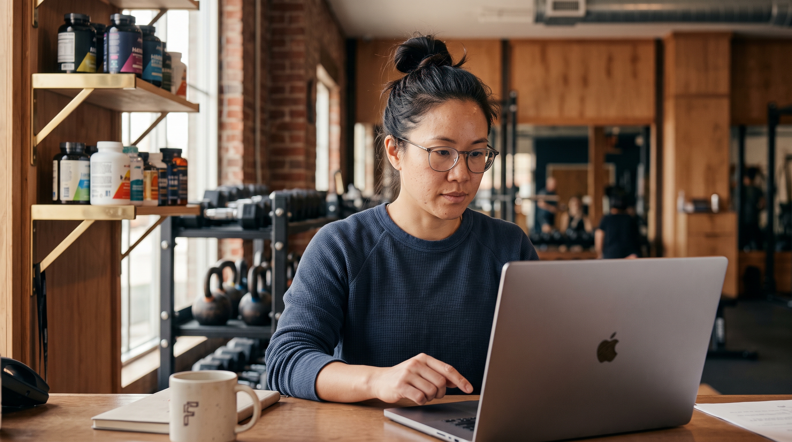 Gym owner sitting at a reception desk reviewing website pricing on a laptop with kettlebells and a rack of supplements behind her