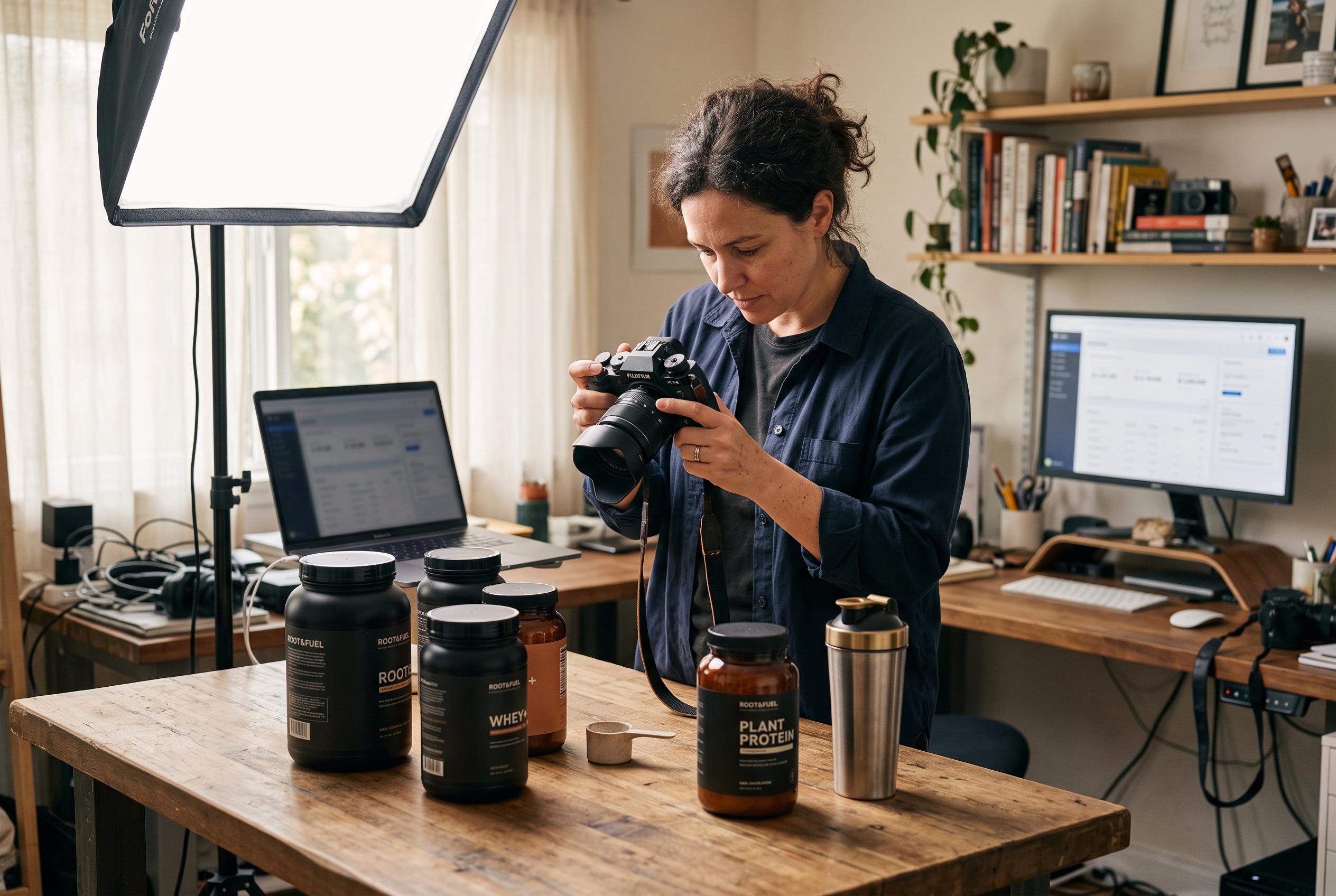 Founder photographing tubs of protein powder on a wooden table under a softbox light in a home studio