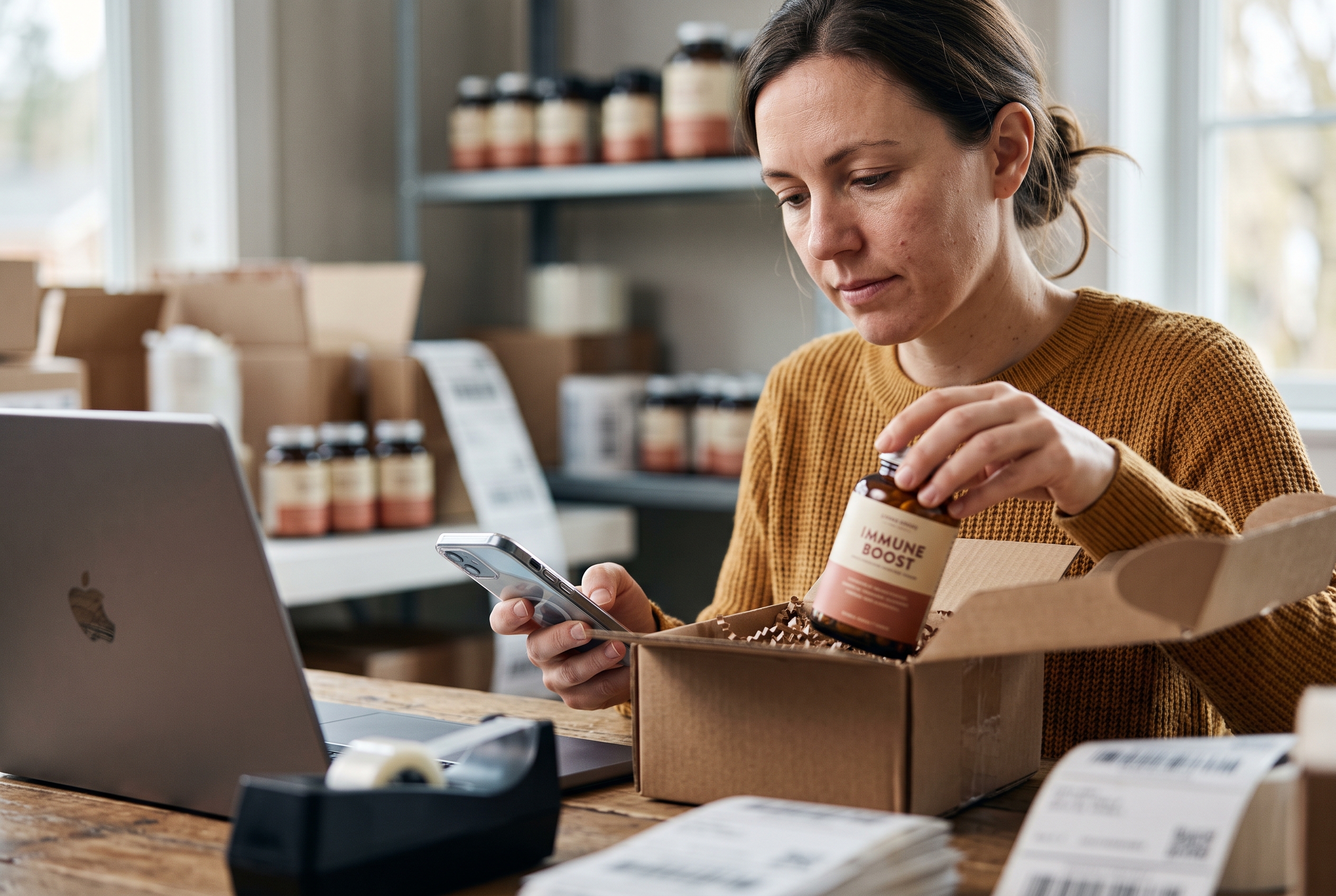 Small business owner packing supplement orders into shipping boxes at a home office desk while checking a phone