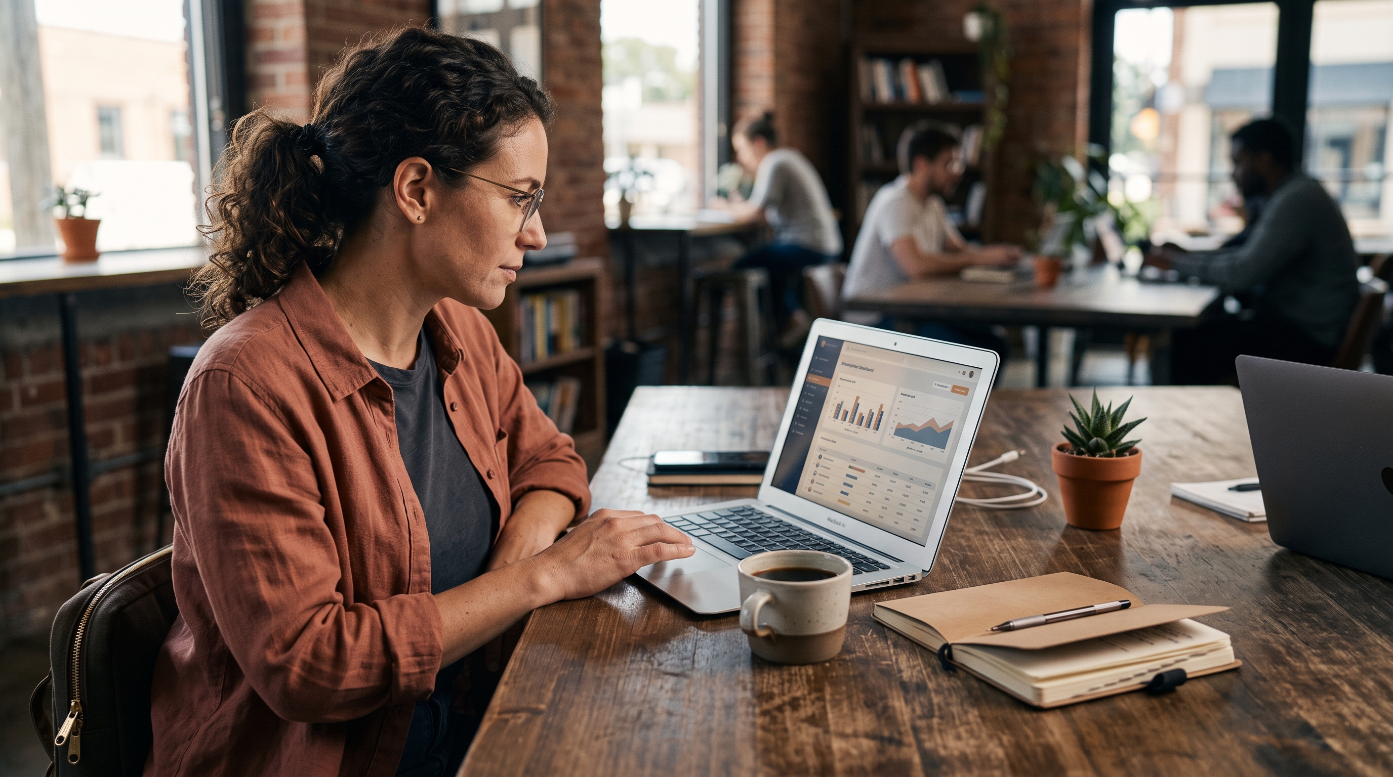 Small business owner reviewing a subscription dashboard on a laptop at a wooden desk with coffee and a notebook