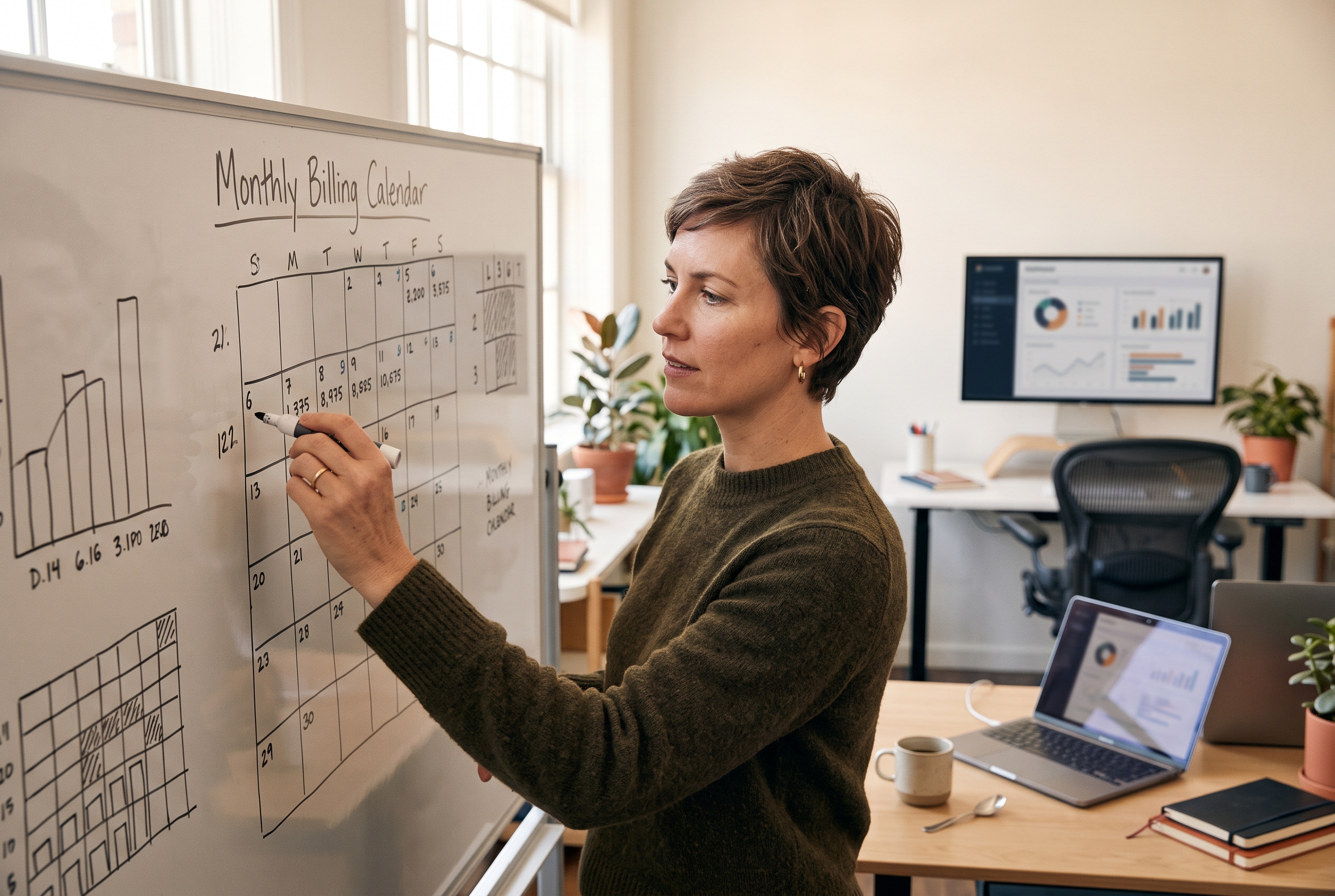 Founder mapping out a monthly billing calendar on a whiteboard in a bright startup office