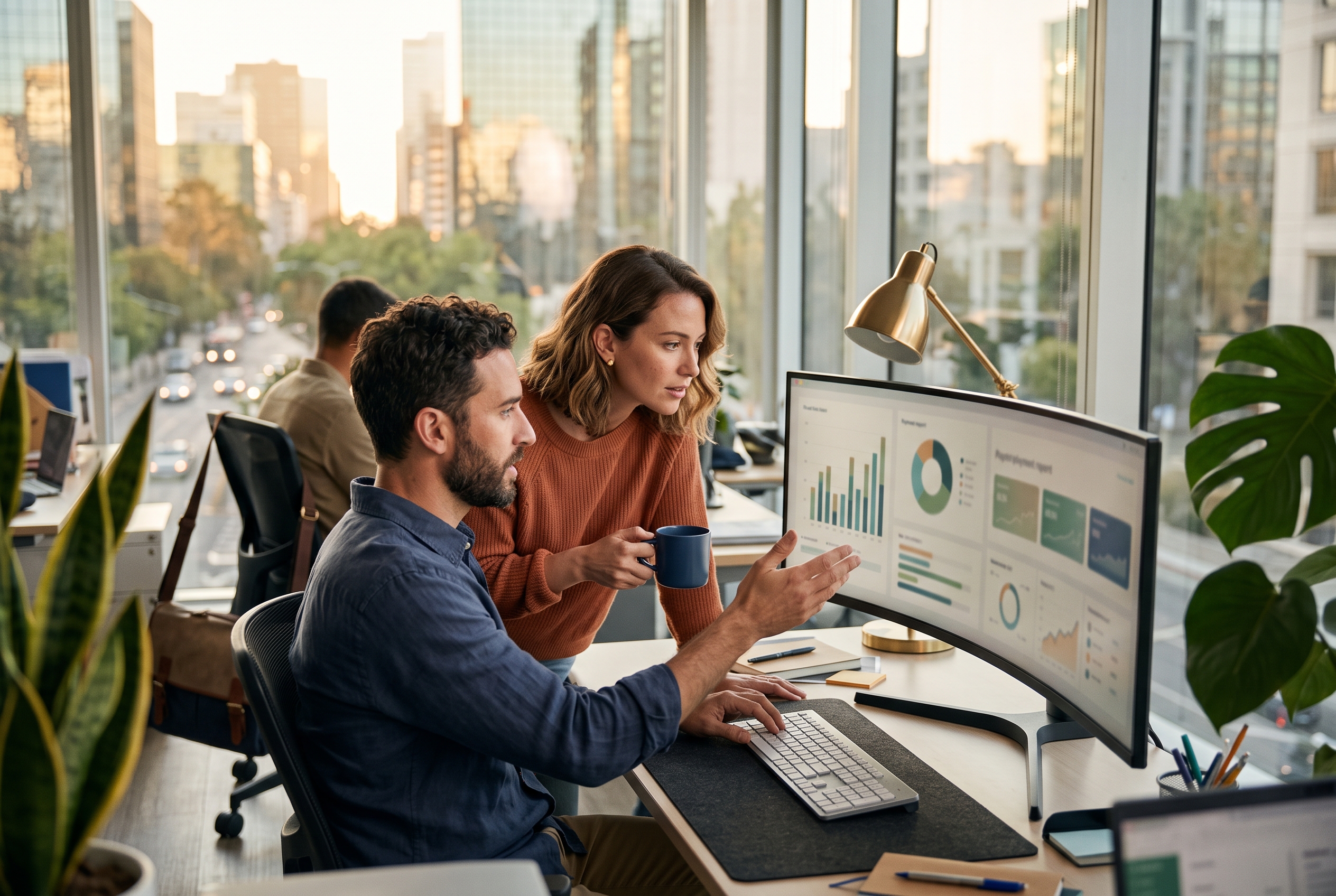 Two team members comparing payment reports on a wide monitor in a modern office at golden hour