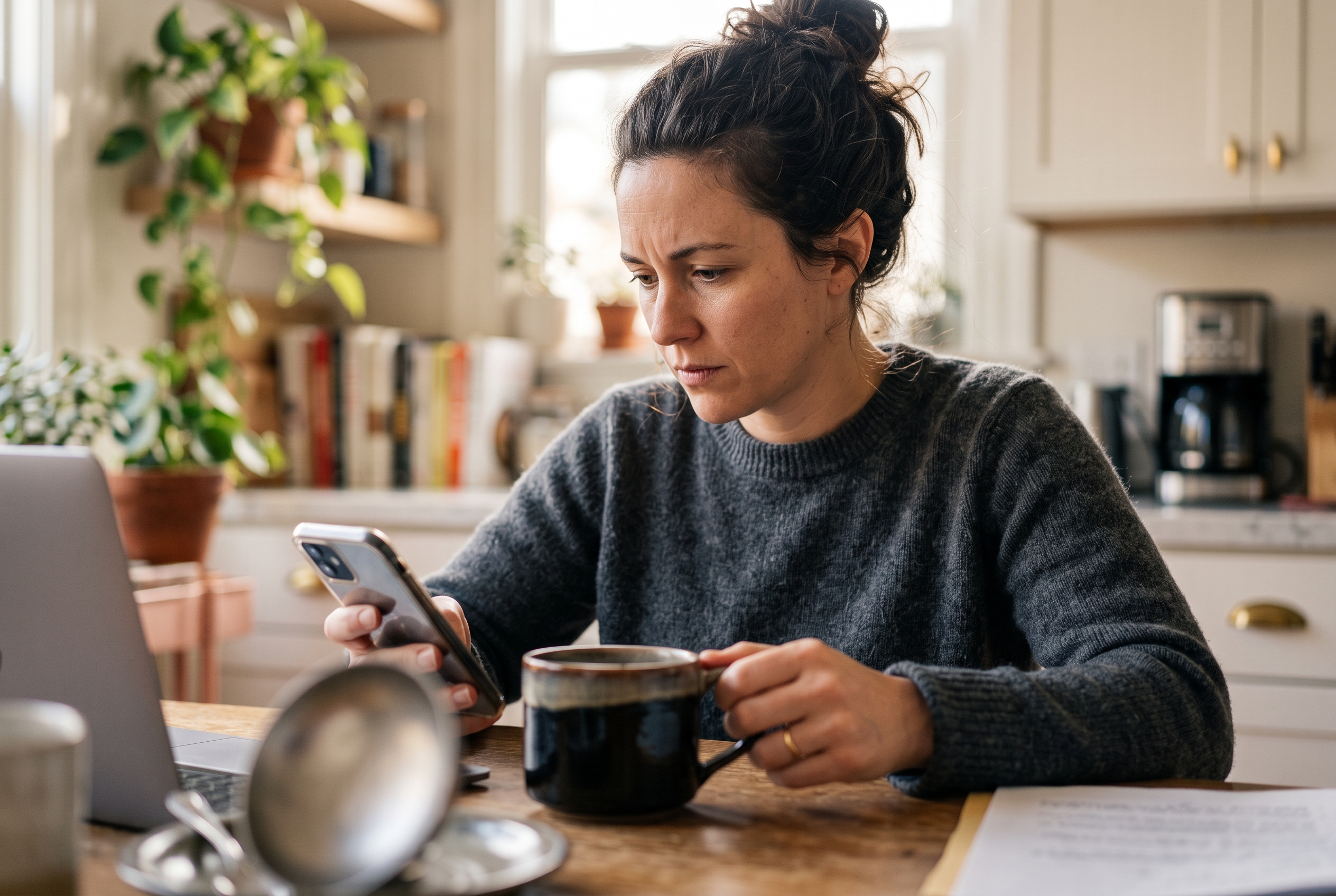 Founder reading a failed payment notification on her phone over morning coffee at a kitchen table