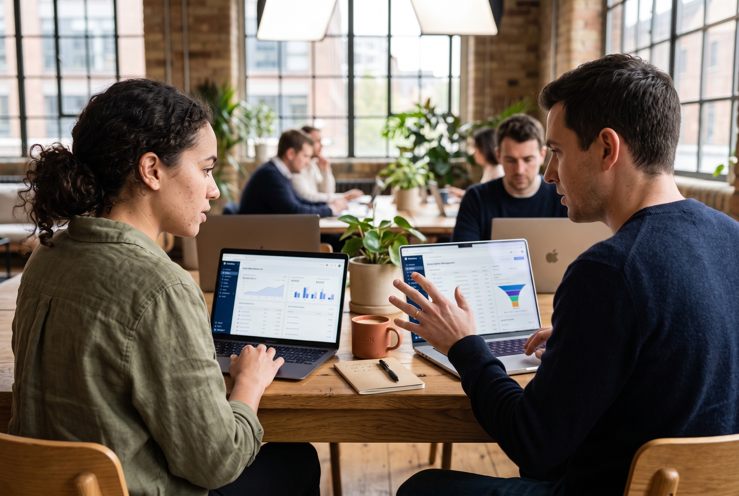 Two founders comparing subscription tools on side-by-side laptops in a sunlit coworking space