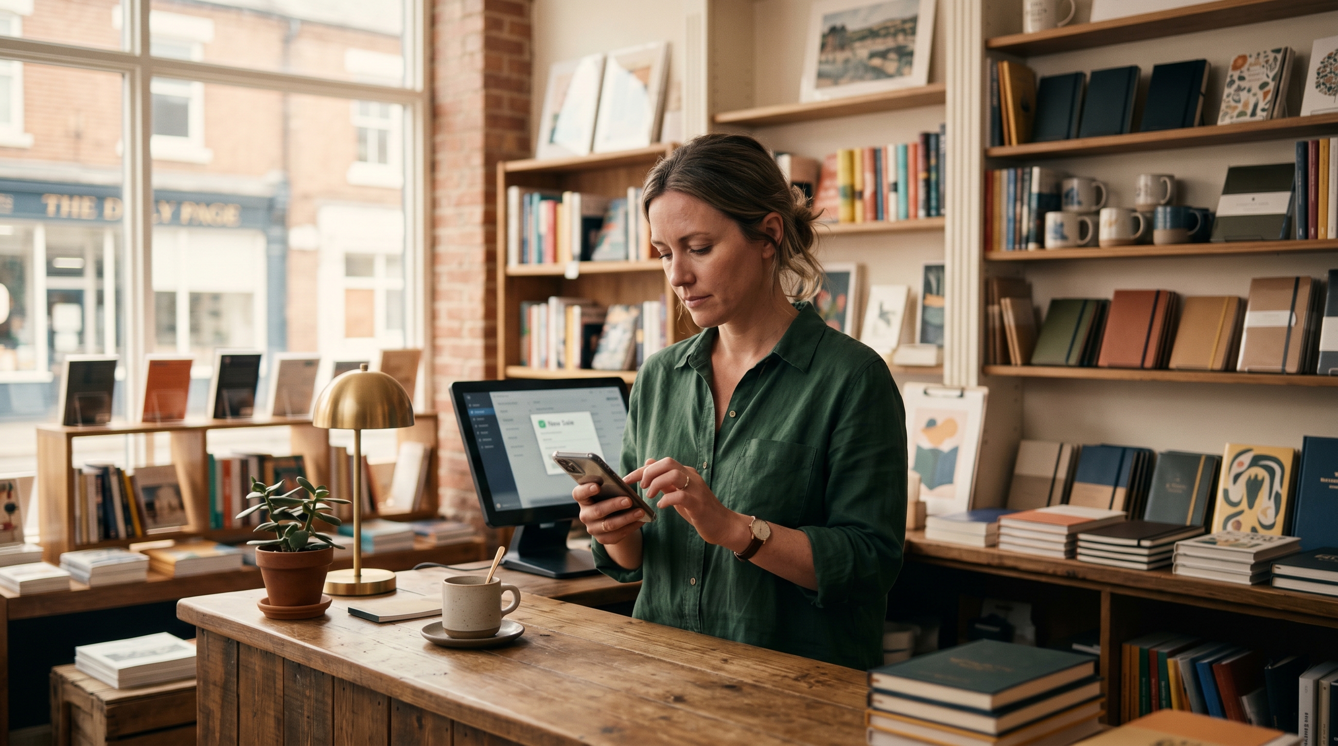 Small business owner checking a phone notification of a new online sale while standing behind a counter in her shop