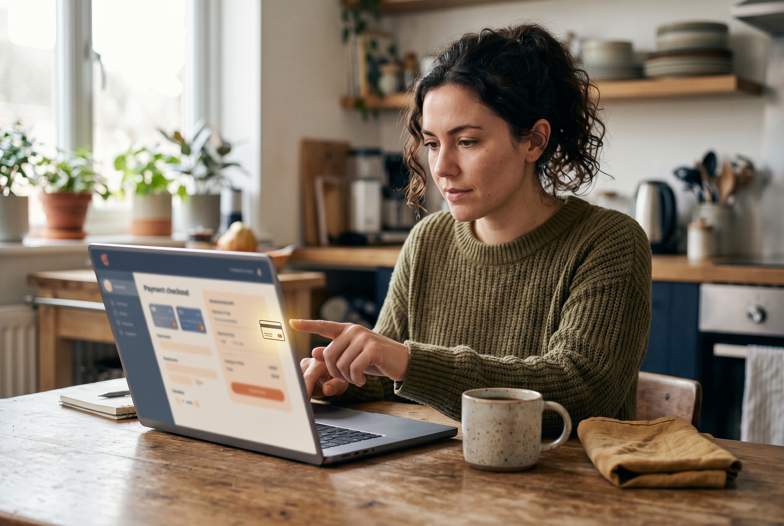 Customer tapping a credit card icon on a laptop checkout screen at a kitchen table with a coffee mug beside it