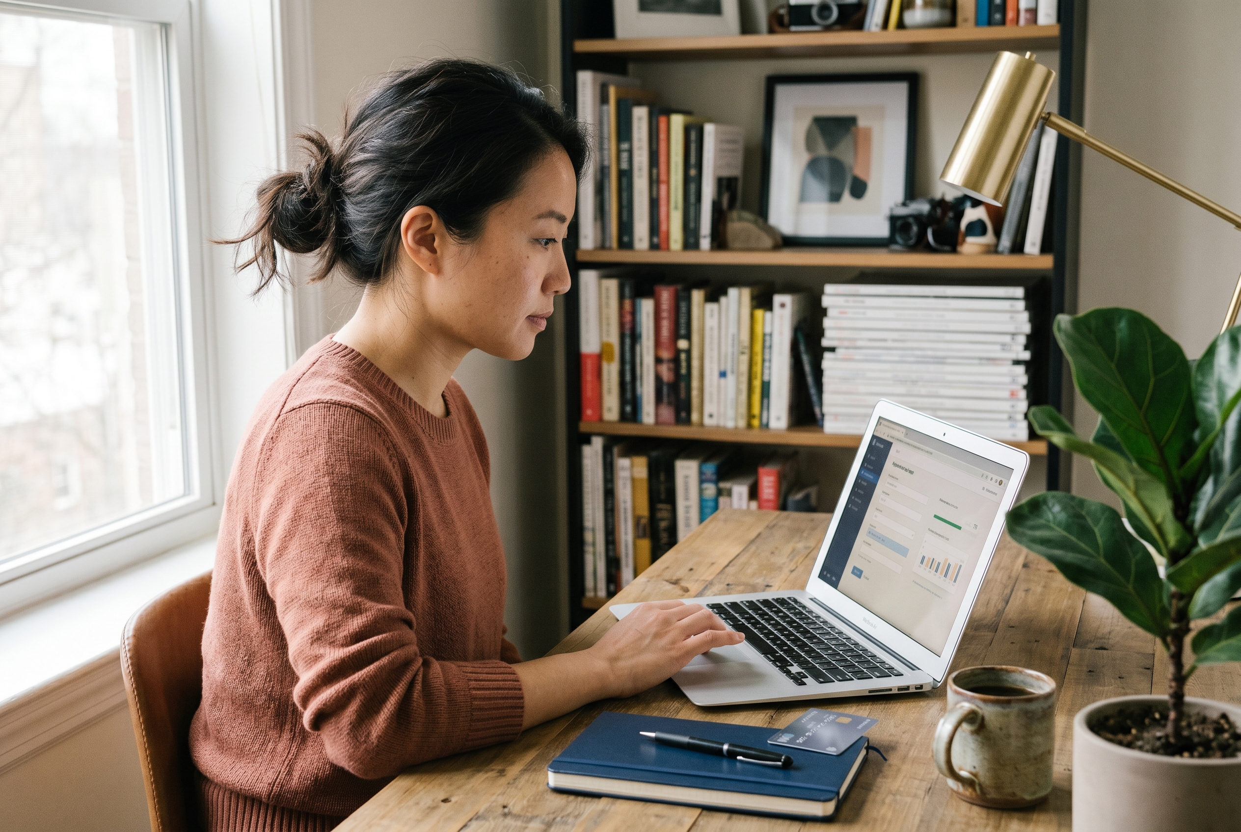 Founder filling out a payment setup form on a laptop with a notebook and bank card on the desk in a home office