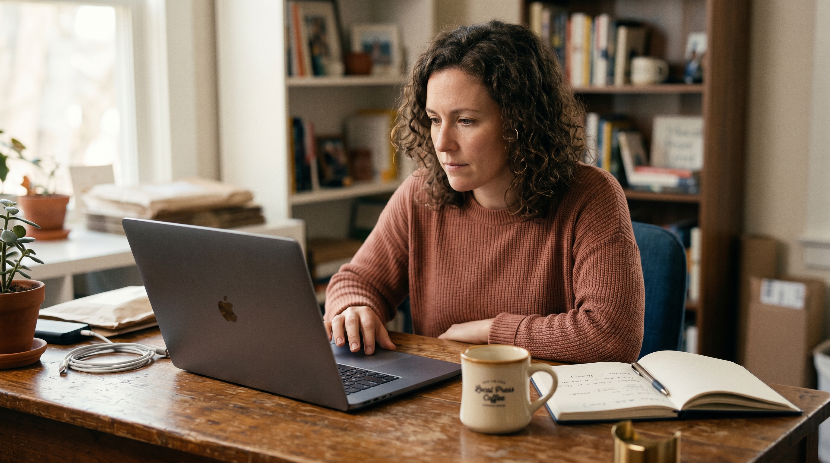 Small business owner reviewing a checkout page on a laptop at a wooden desk with a coffee mug and order notebook