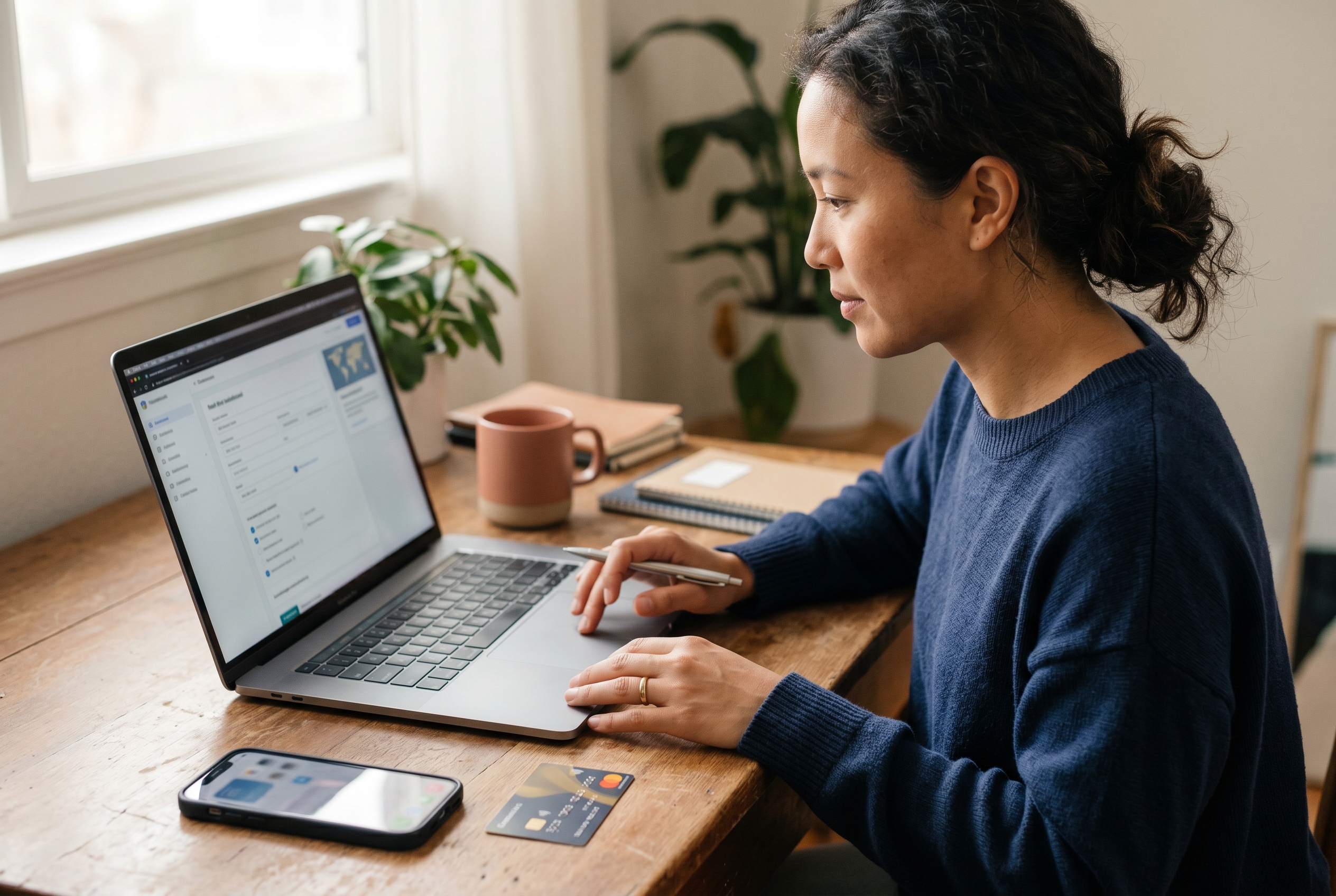 Founder filling out a business verification form on a laptop with a phone and bank card on the desk beside her