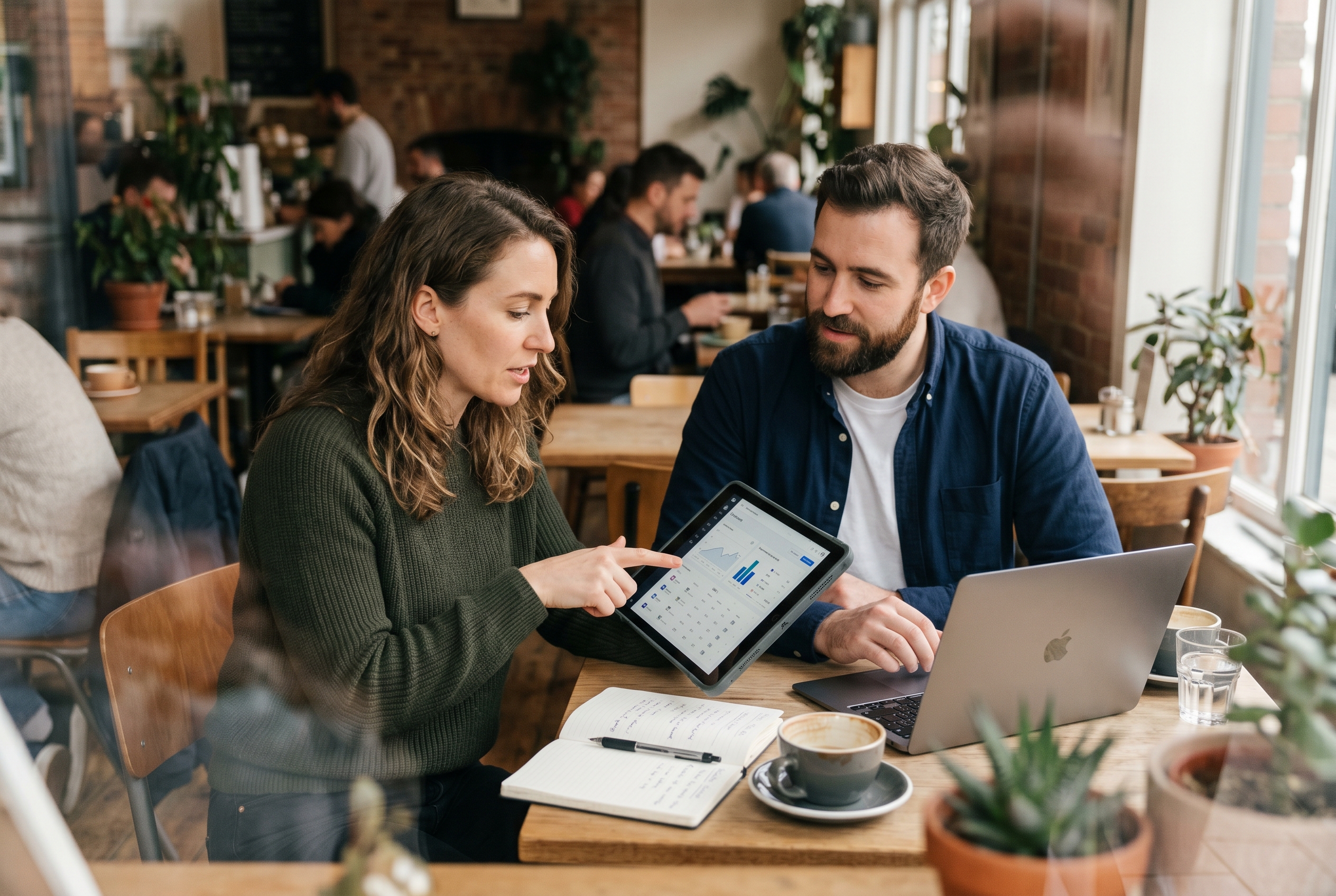 Two business partners comparing payment provider options on a tablet at a cafe table with notebooks and laptops