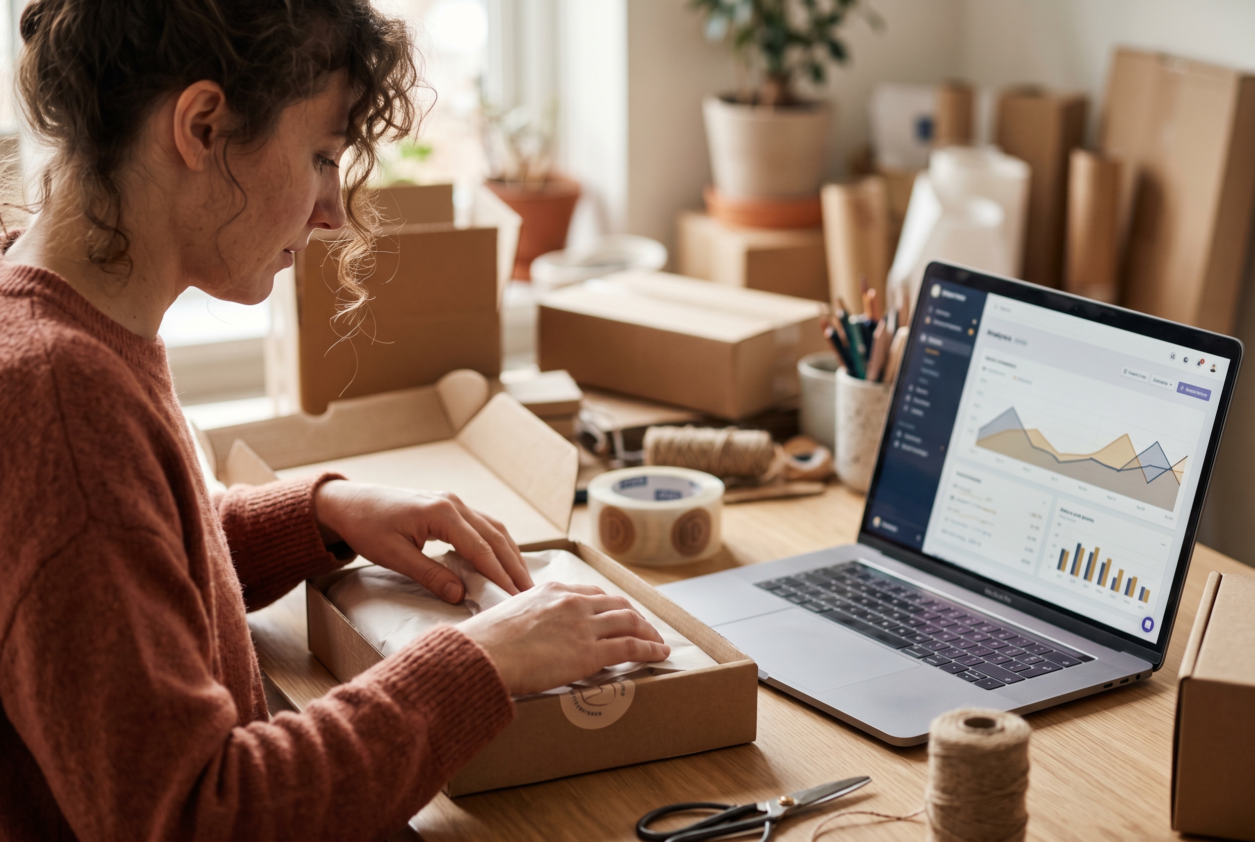 Online seller packing orders at a home workspace while checking a sales dashboard on a nearby laptop