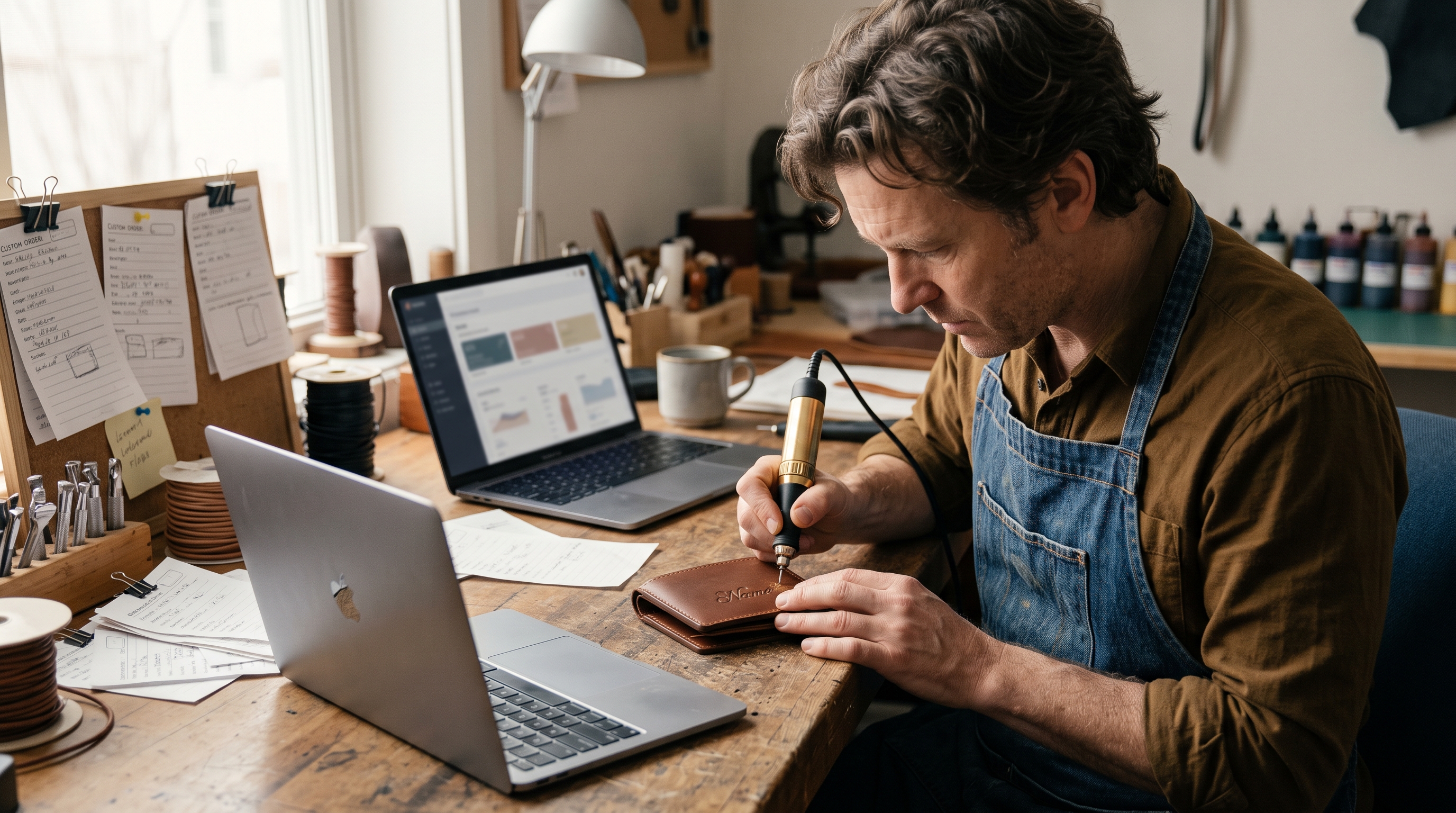 Small business owner engraving a name onto a leather wallet at a workbench surrounded by custom order slips