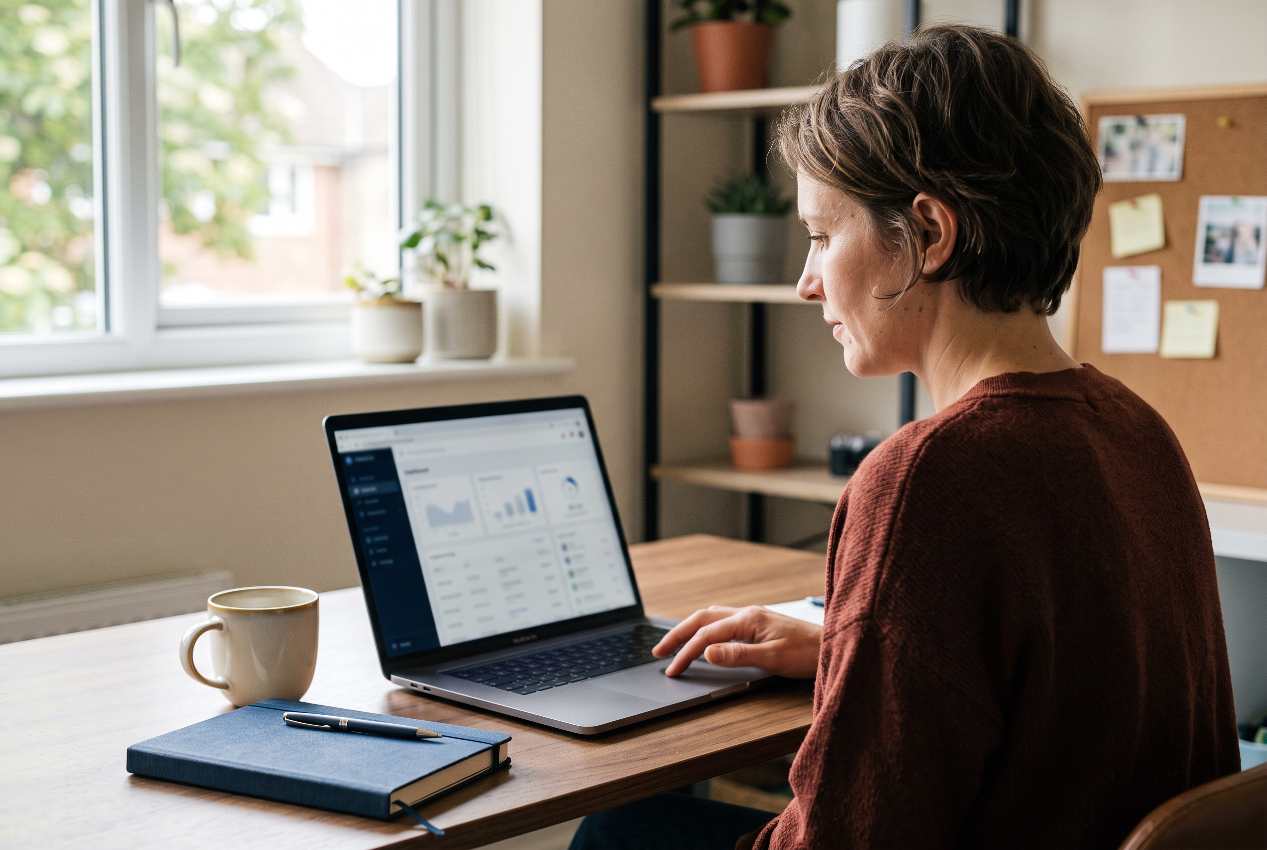Founder configuring product settings on a laptop at a tidy home office desk with a coffee mug and notebook