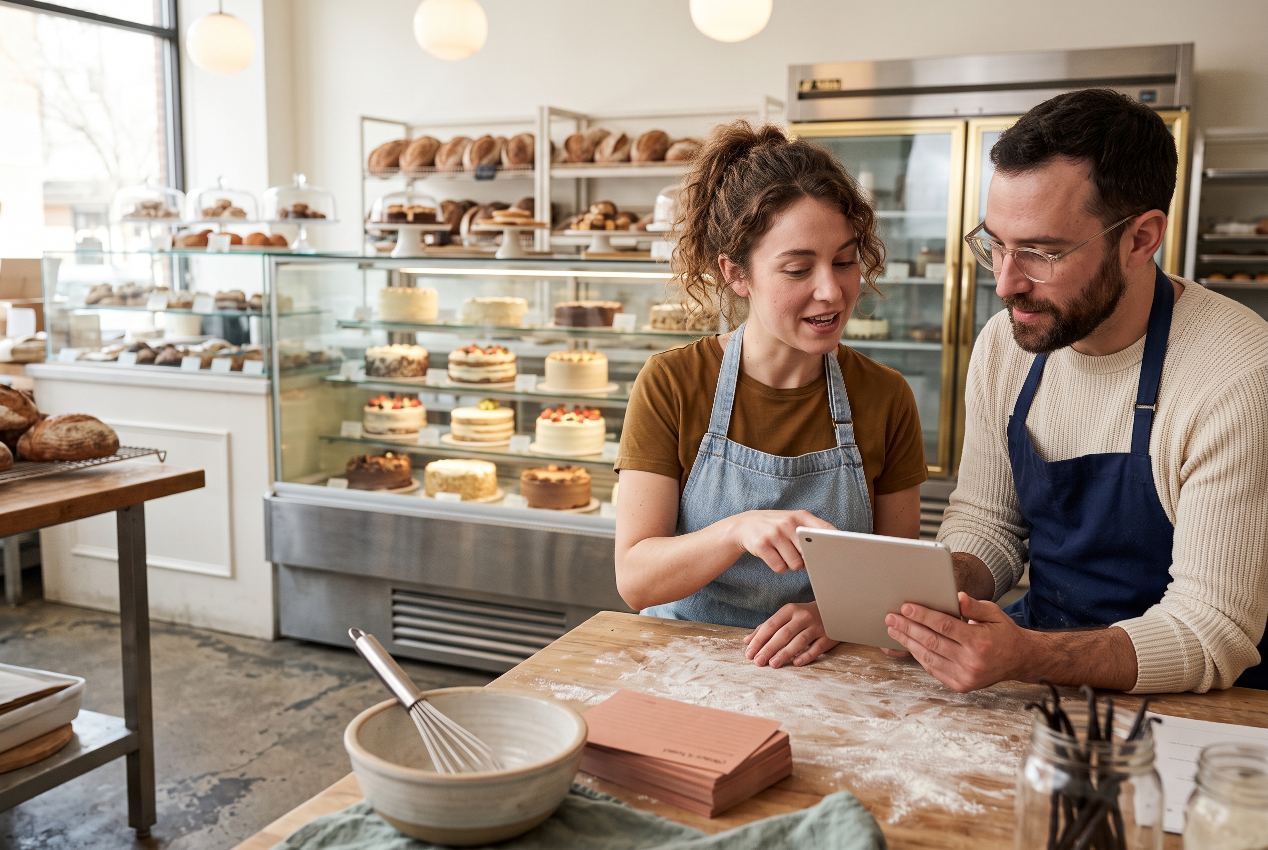 Two coworkers reviewing a custom cake order form on a tablet inside a bright bakery with display cases behind them