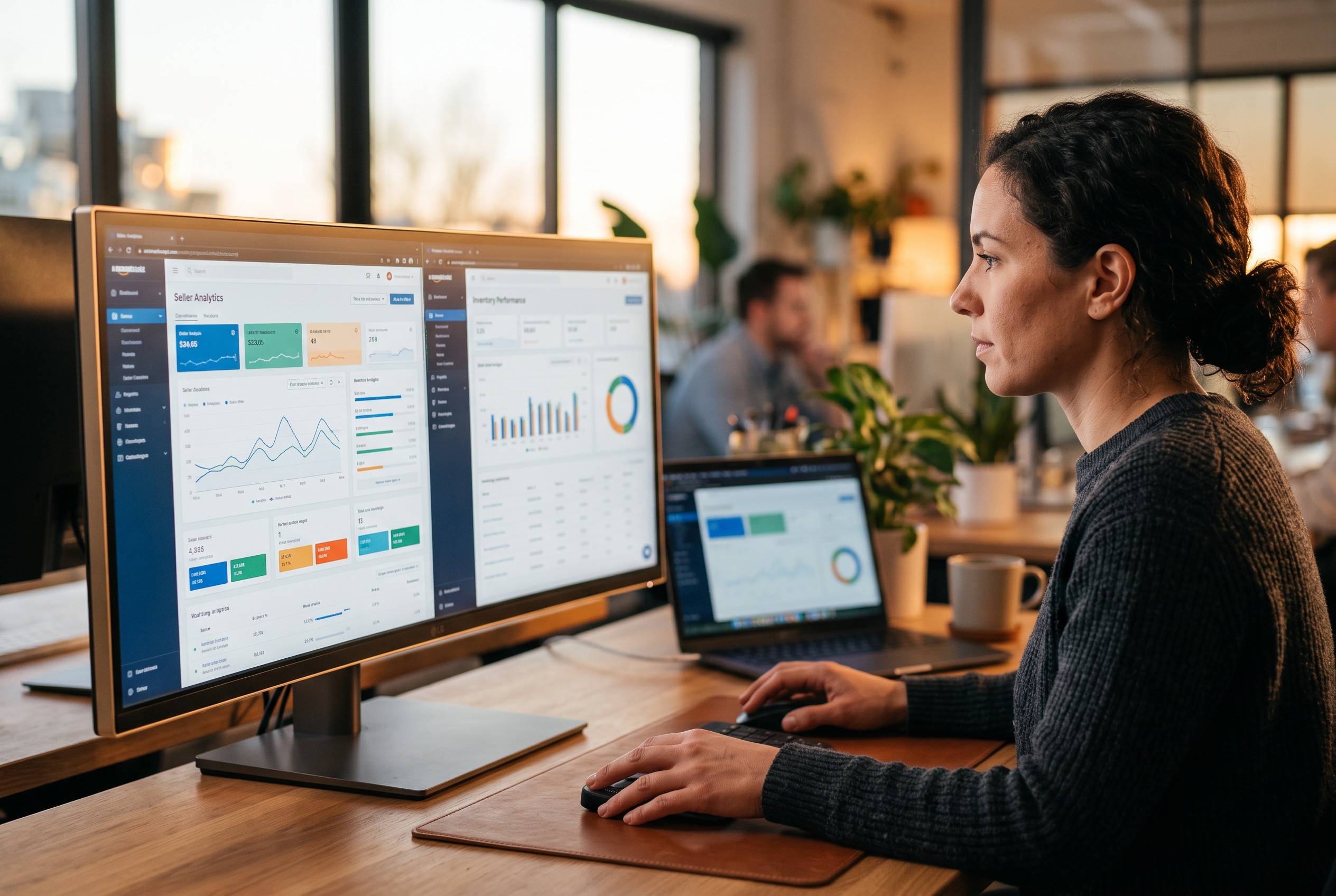 Merchant comparing two ecommerce dashboards side by side on a wide monitor in a modern office at golden hour