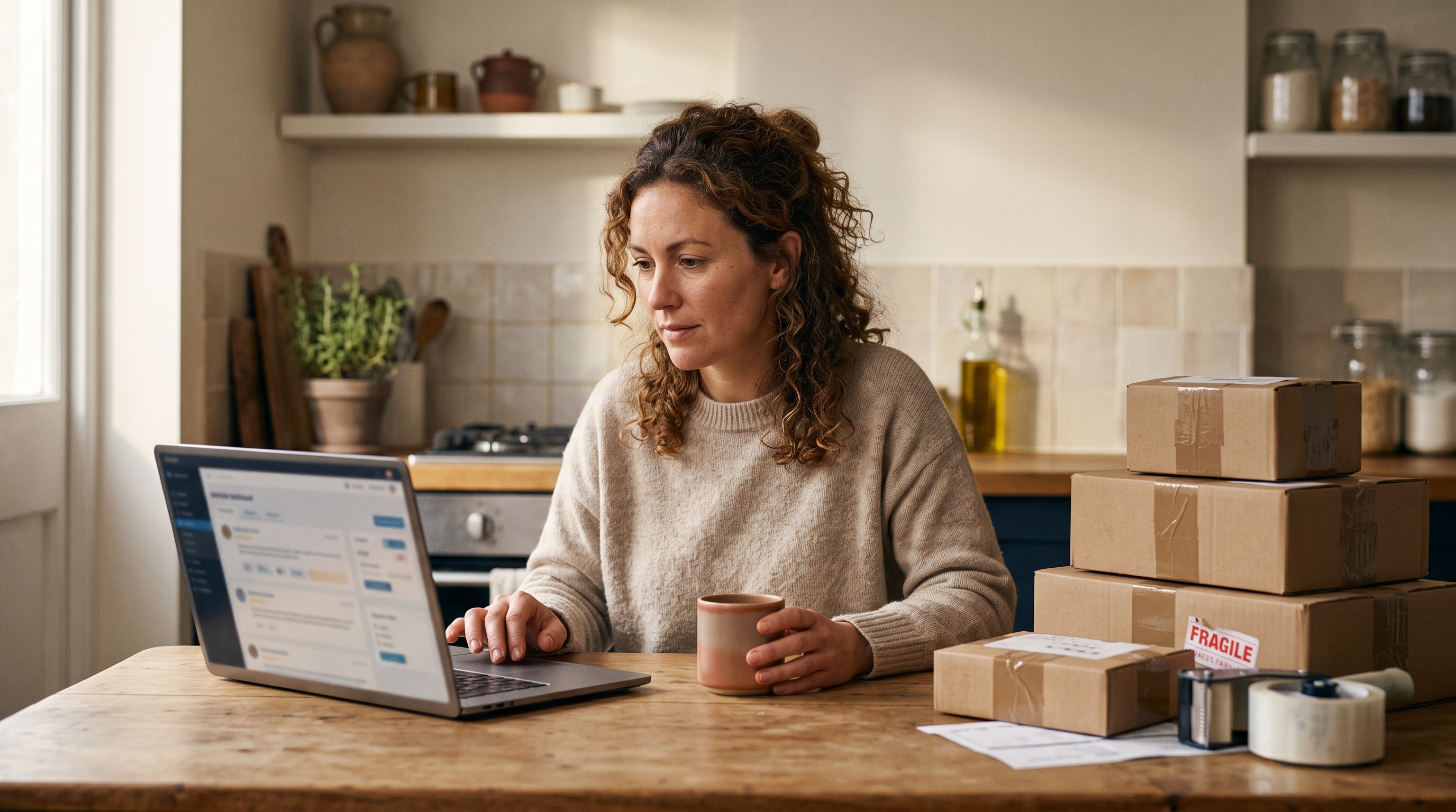 Online store owner reading customer reviews on a laptop at a kitchen table next to packed orders