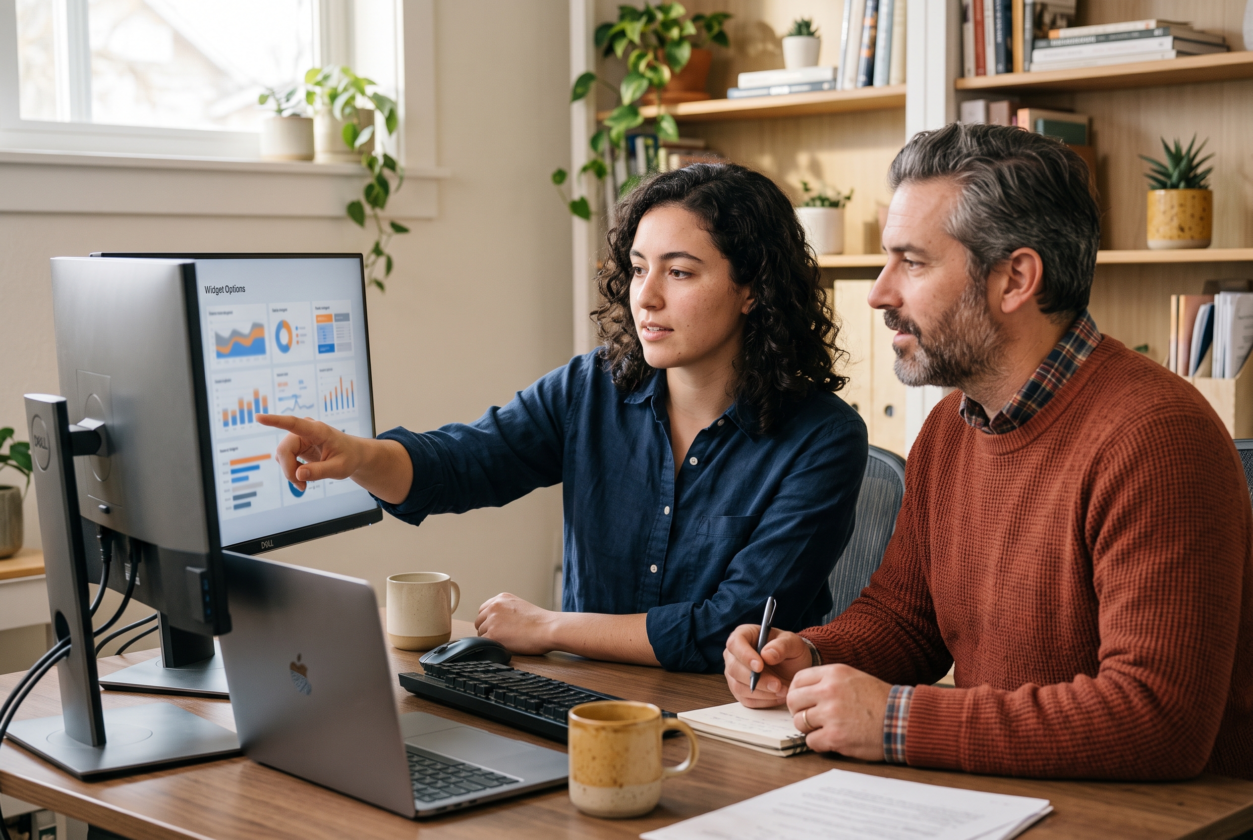 Developer and store owner comparing review widget options on a monitor in a small office