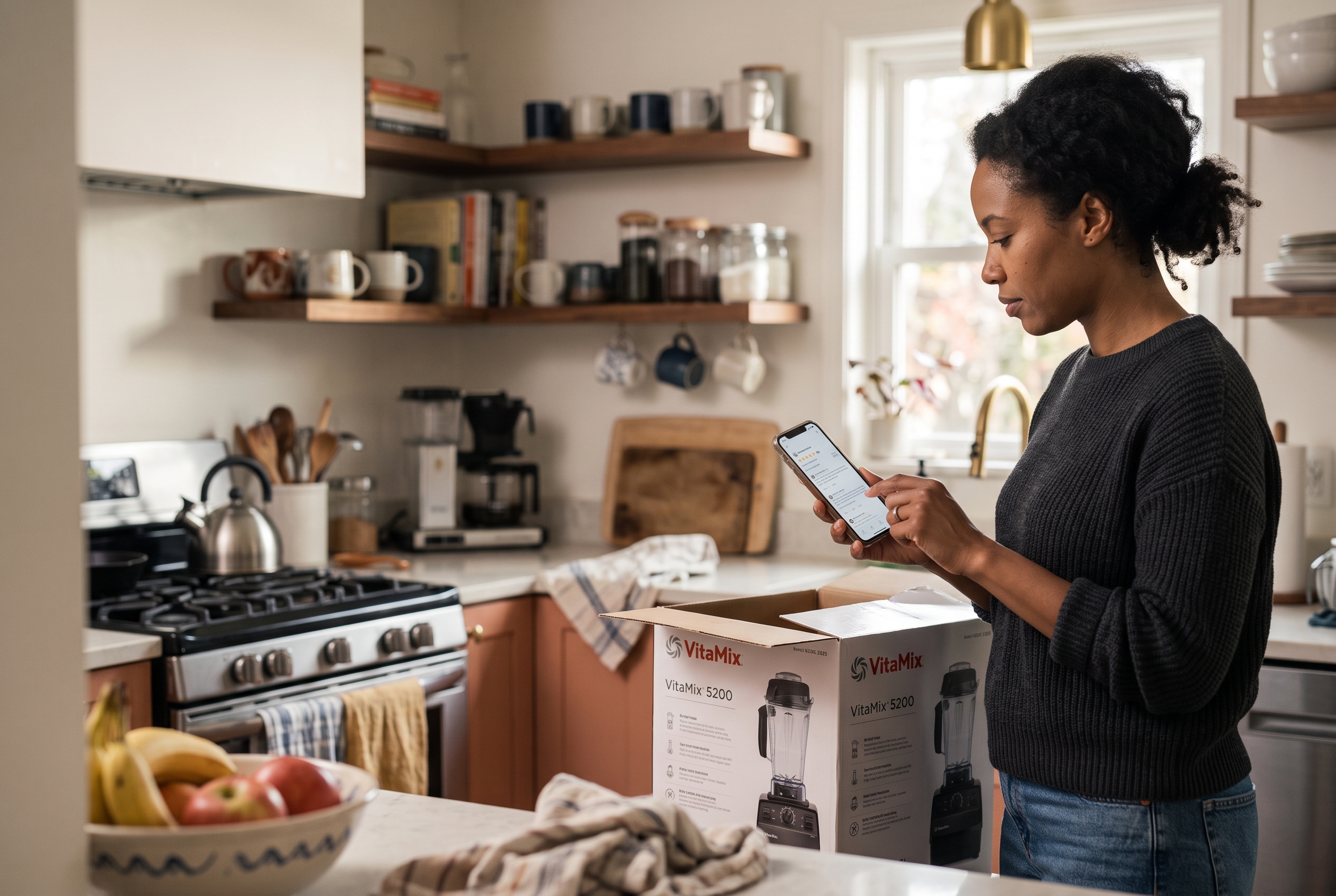 Shopper holding a smartphone scrolling product star ratings while standing in a kitchen with a new blender box
