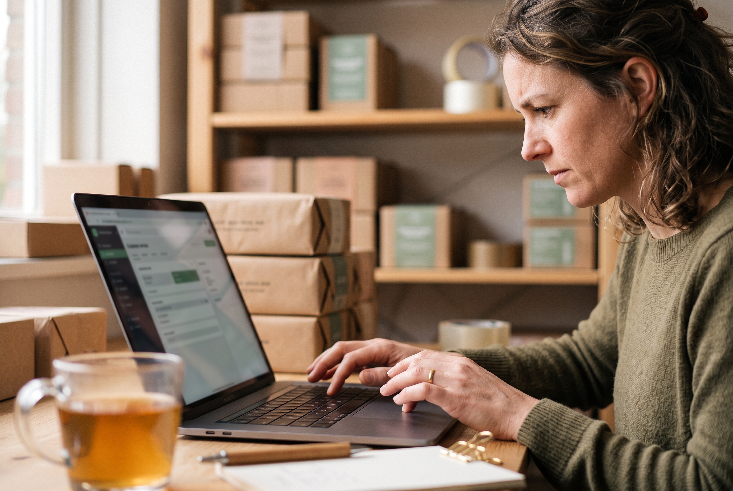 Small business owner typing an answer to a customer question on a laptop beside a shelf of boxed products