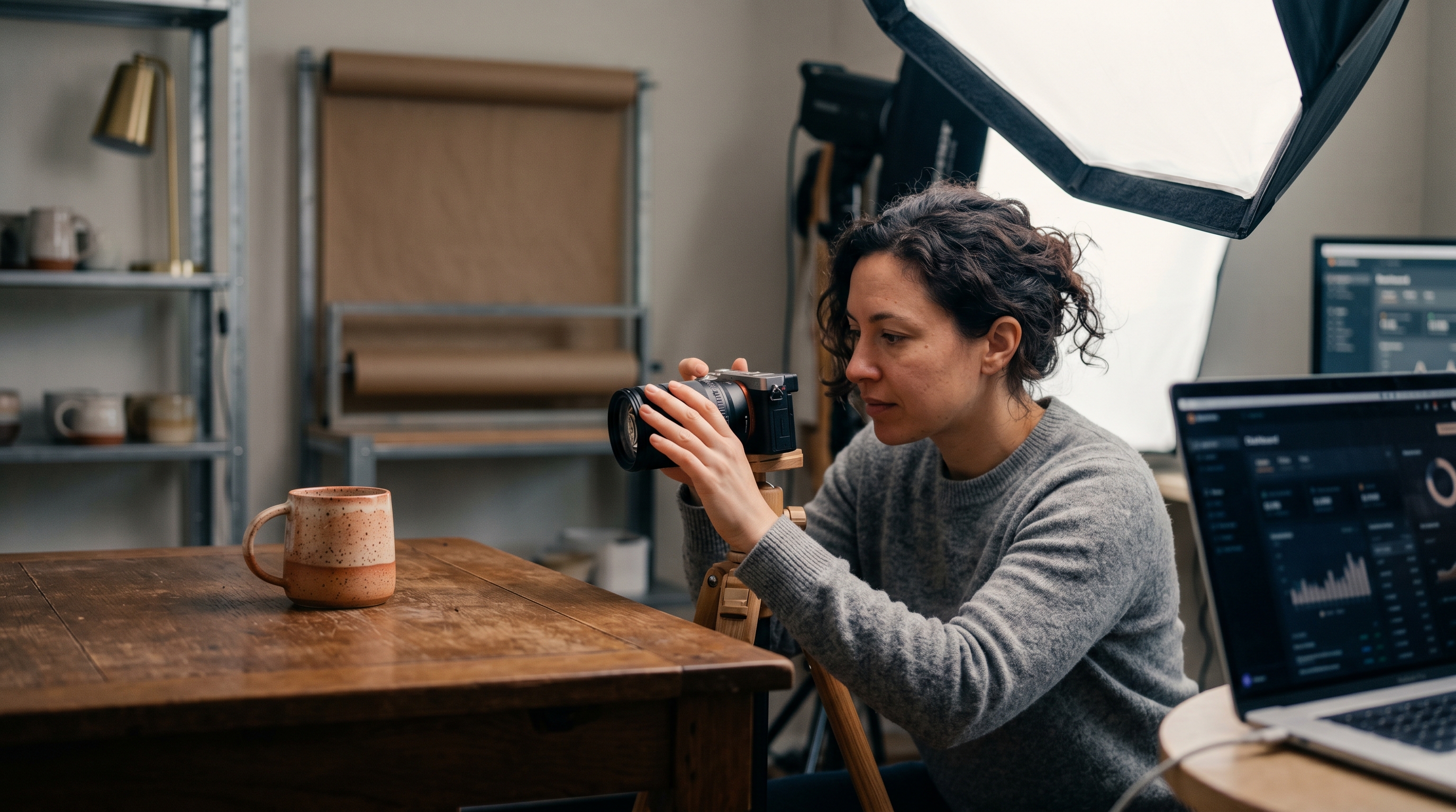Small business owner photographing a ceramic mug on a wooden table under a softbox light in a home studio