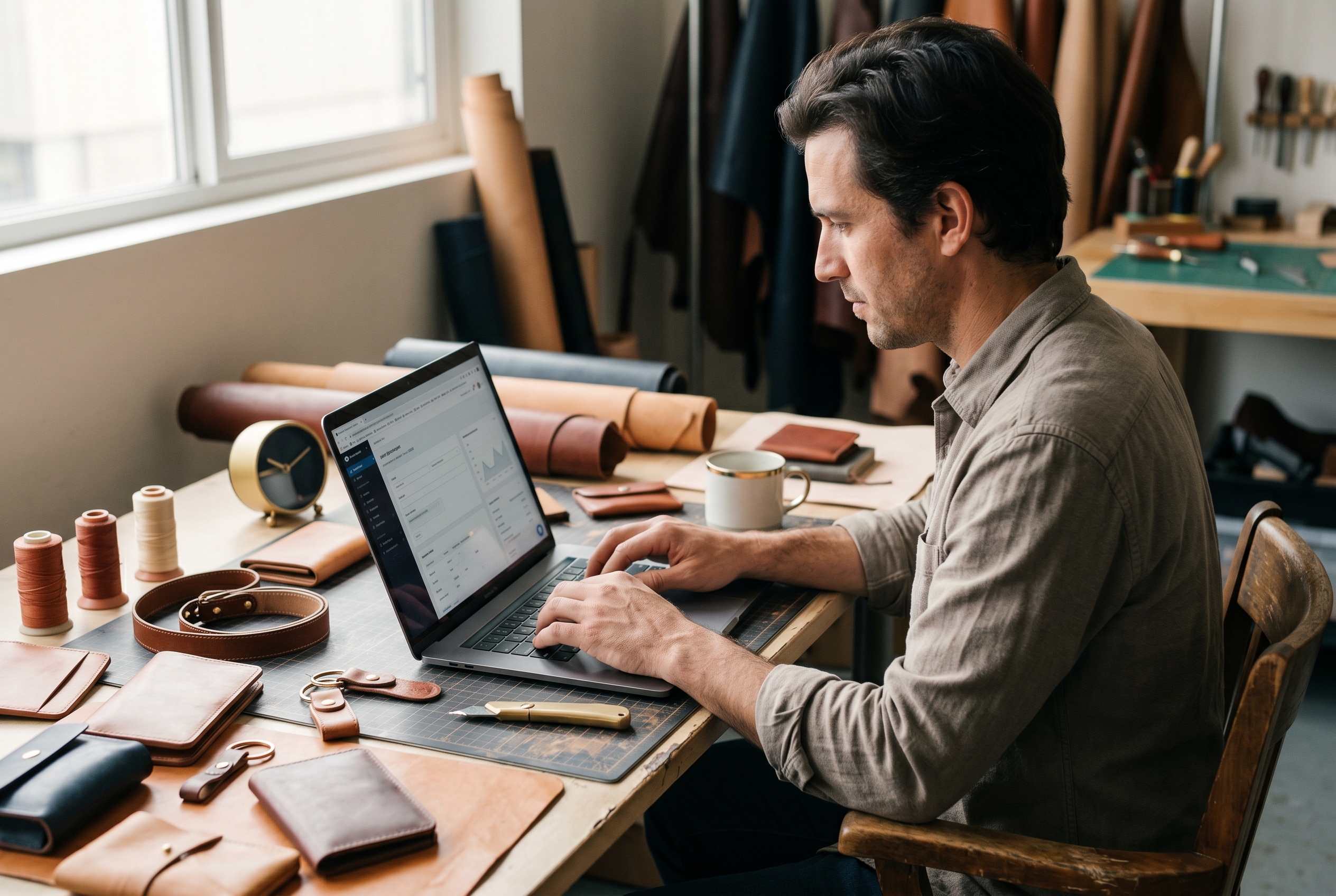 Founder filling out a product listing form on a laptop at a desk surrounded by handmade leather goods