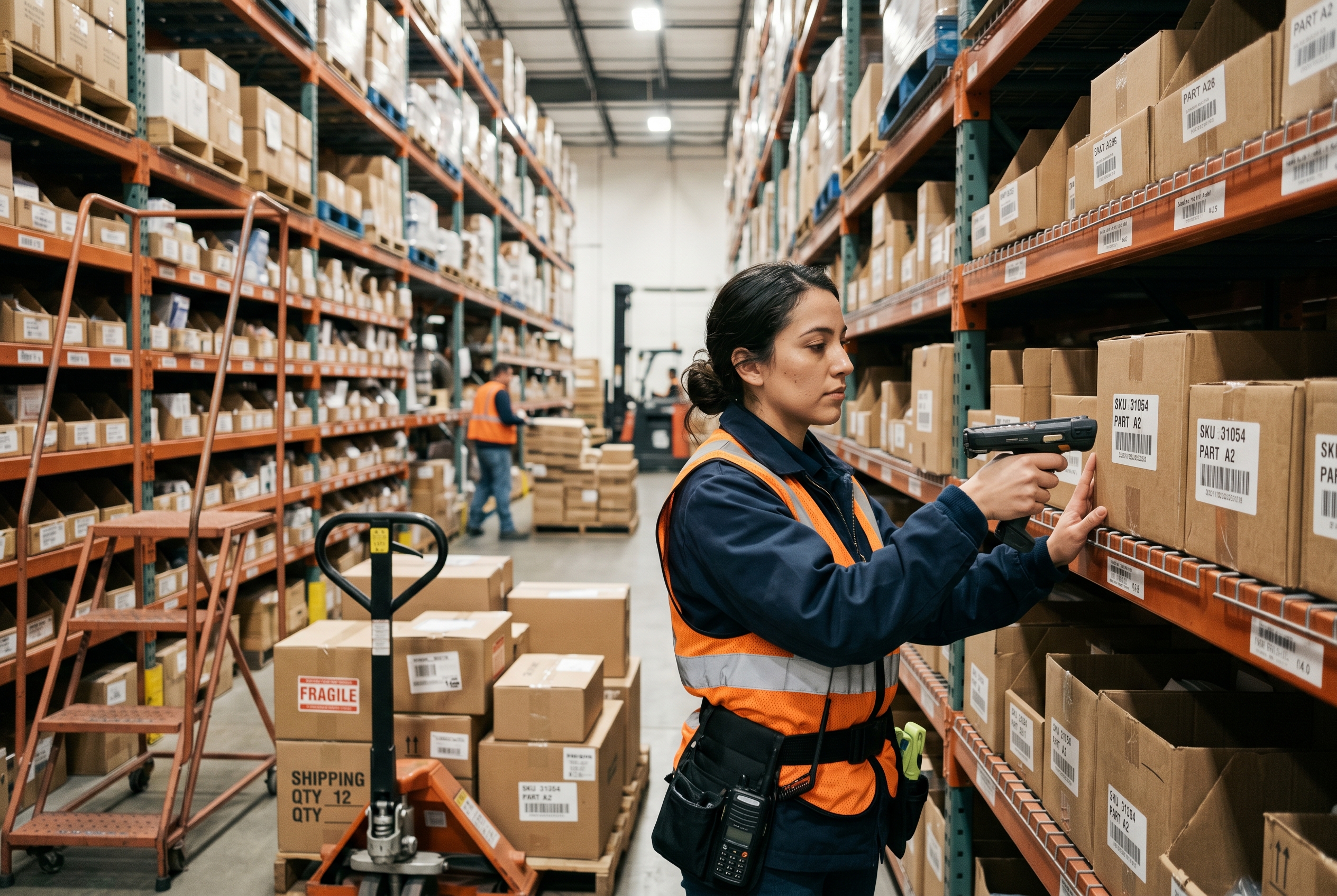Warehouse worker scanning barcodes on shelved inventory boxes with a handheld scanner under bright lighting