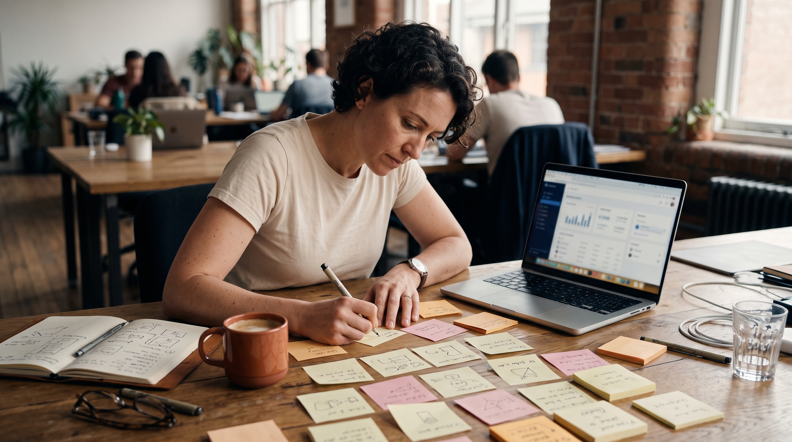 Founder sketching name ideas on sticky notes spread across a wooden desk beside an open laptop and coffee