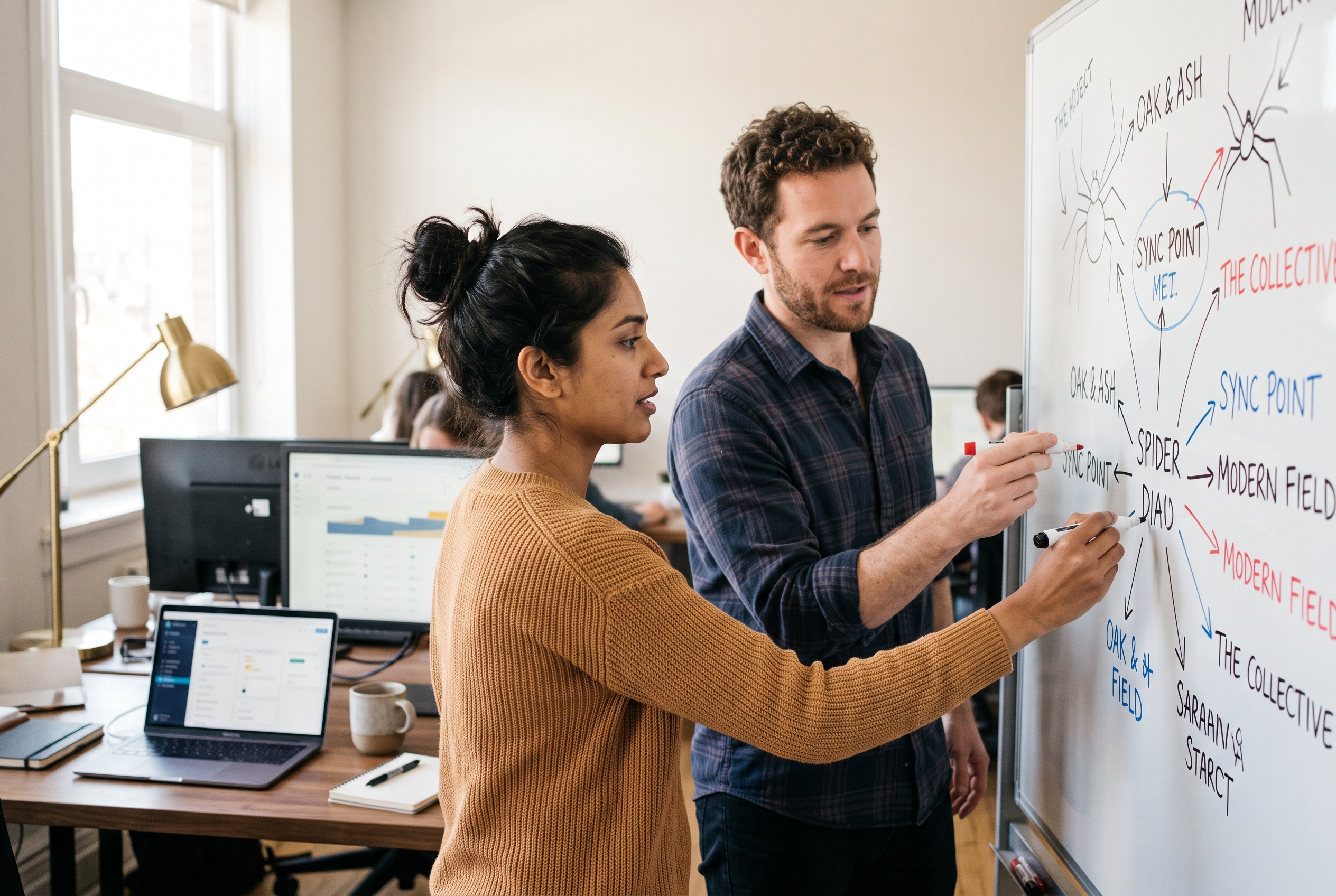 Two small business partners writing name combinations on a whiteboard in a bright shared workspace