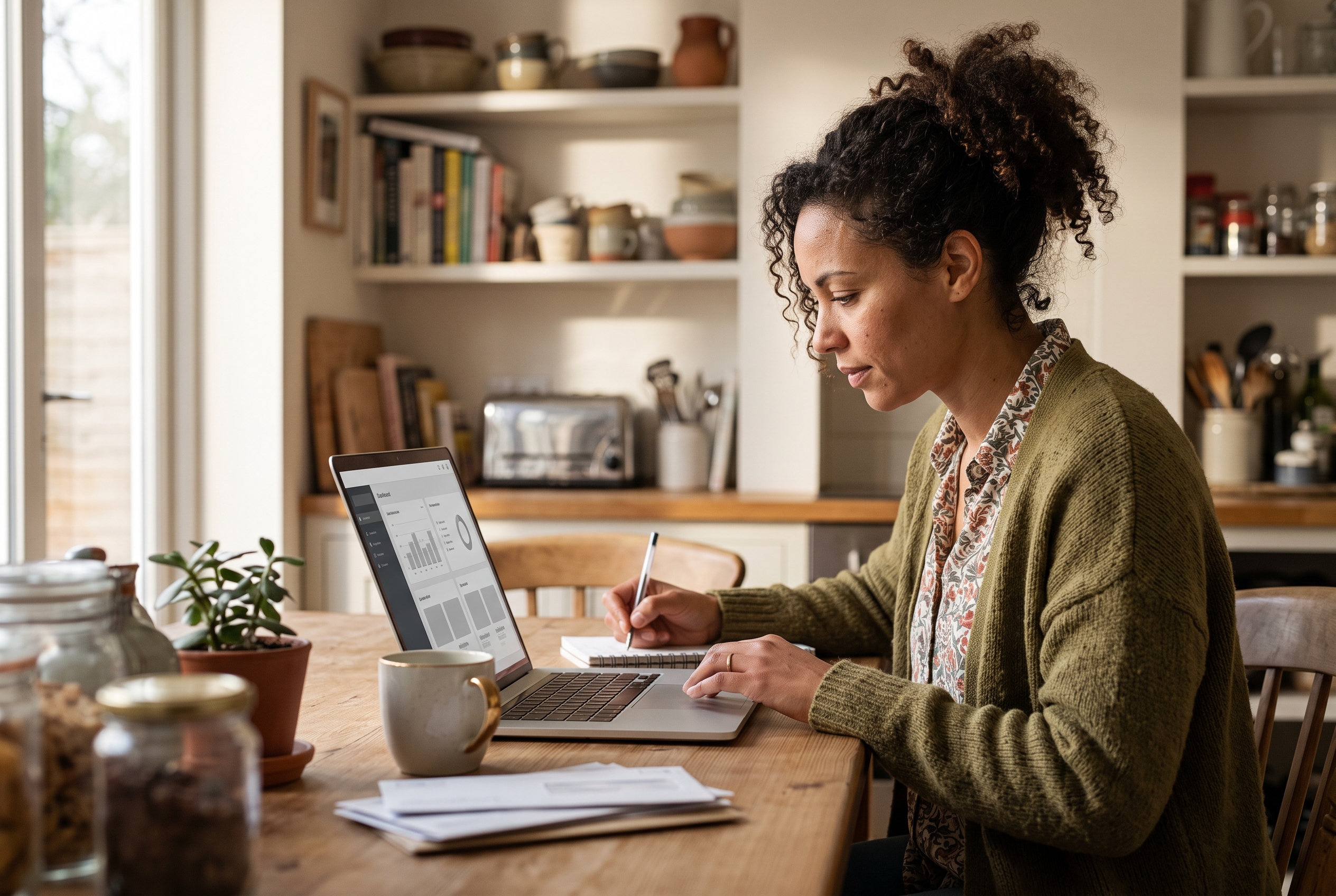 Shop owner reading customer reviews on a laptop and jotting favorite phrases into a notebook at a kitchen table