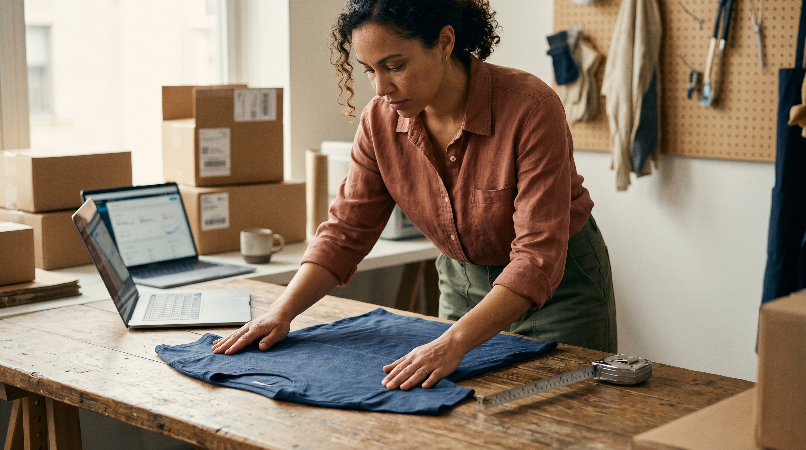 Small business owner laying a folded t-shirt flat on a wooden table with a tape measure beside it