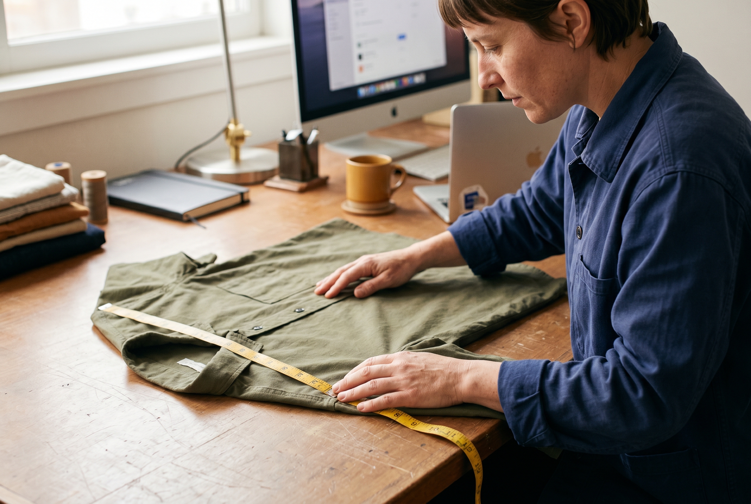 Person measuring the chest width of a flat-laid button-up shirt with a yellow tape measure on a studio table