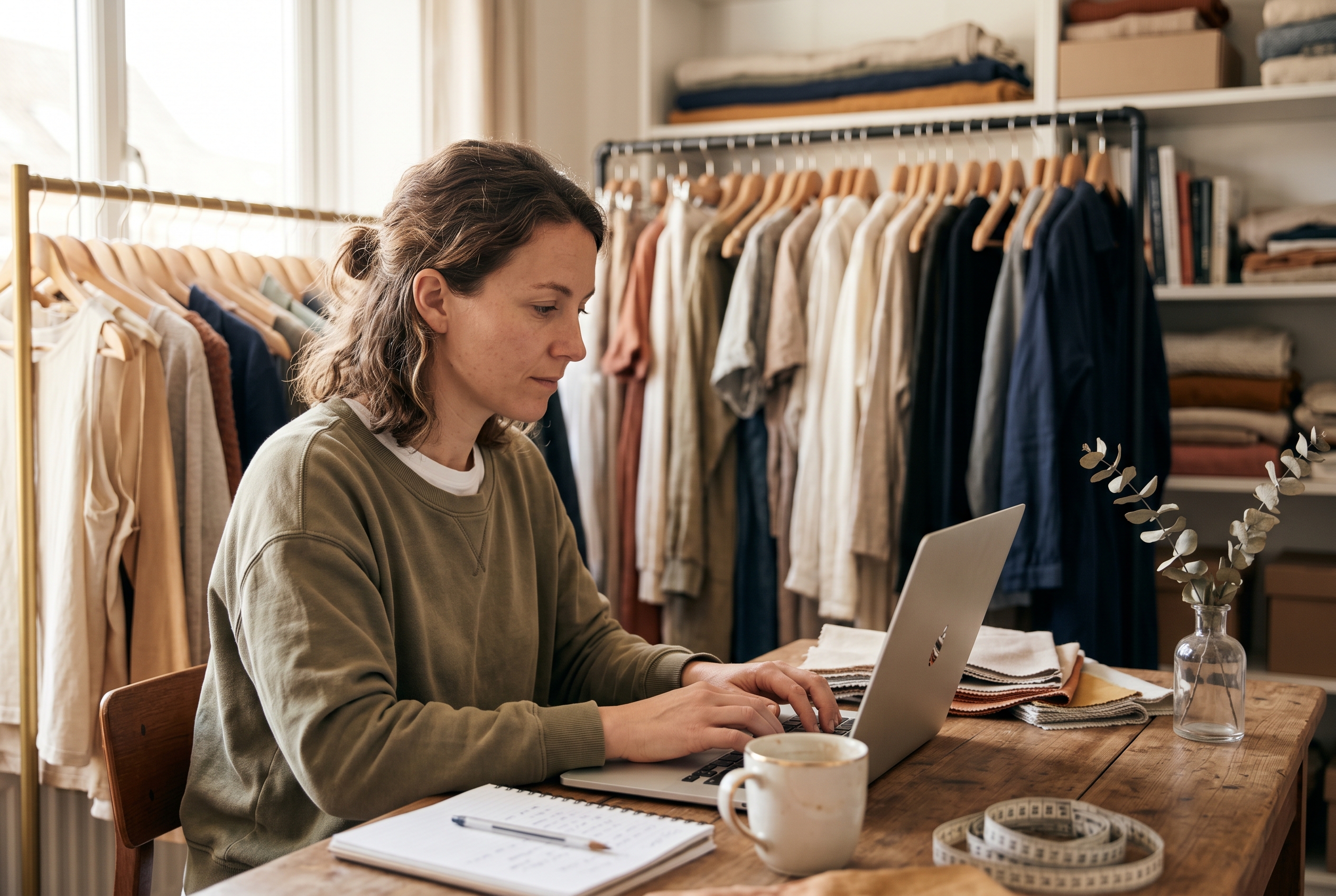 Founder building a spreadsheet of size measurements on a laptop in a sunlit home studio with garment racks behind her