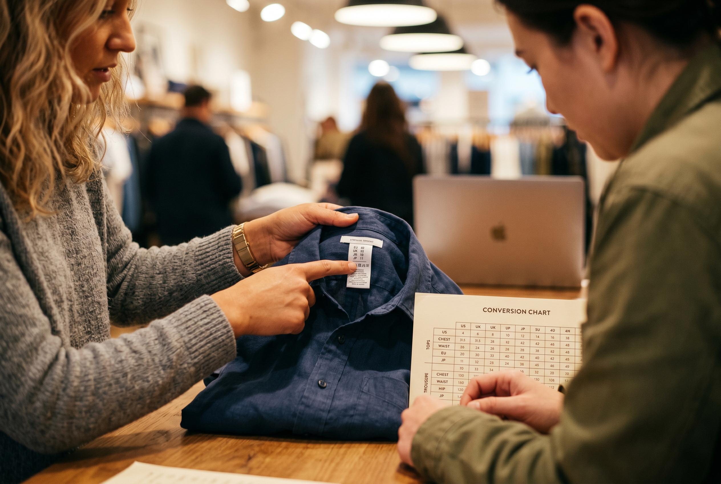Two people comparing international clothing labels and a printed conversion table on a bright retail counter