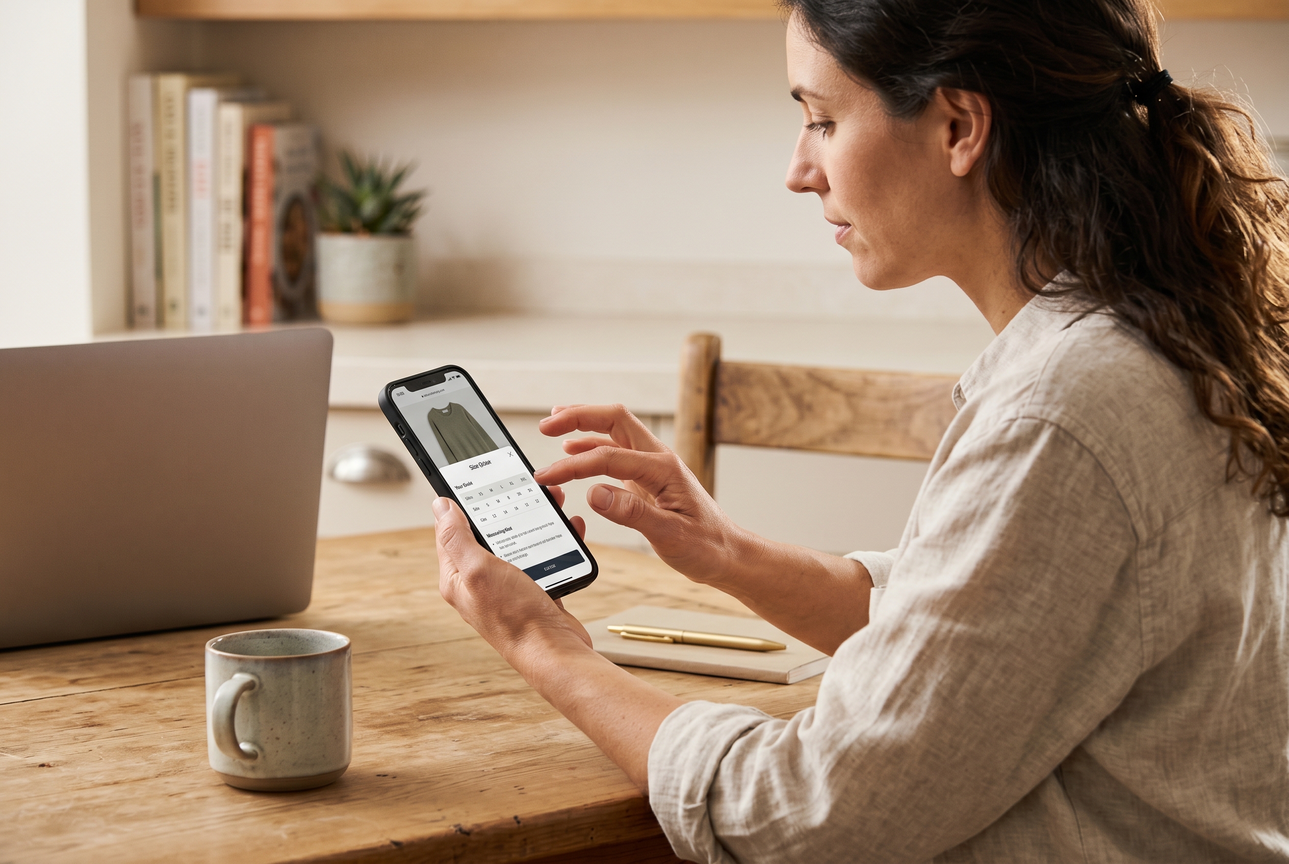 Customer on a phone tapping a size guide popup next to a clothing product photo while sitting at a kitchen table