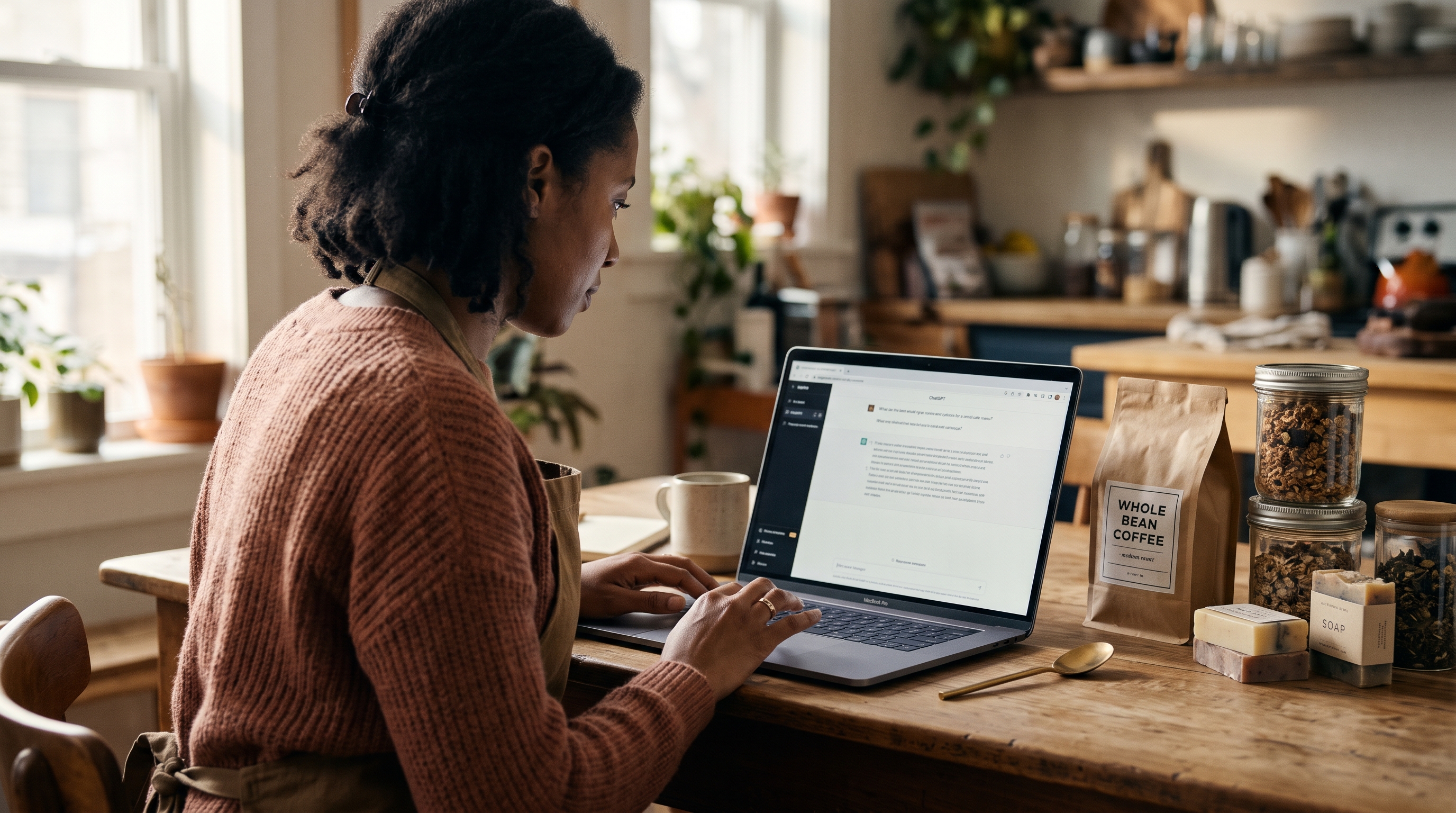 Store owner at a kitchen table typing a shopping question into ChatGPT on a laptop next to packaged products