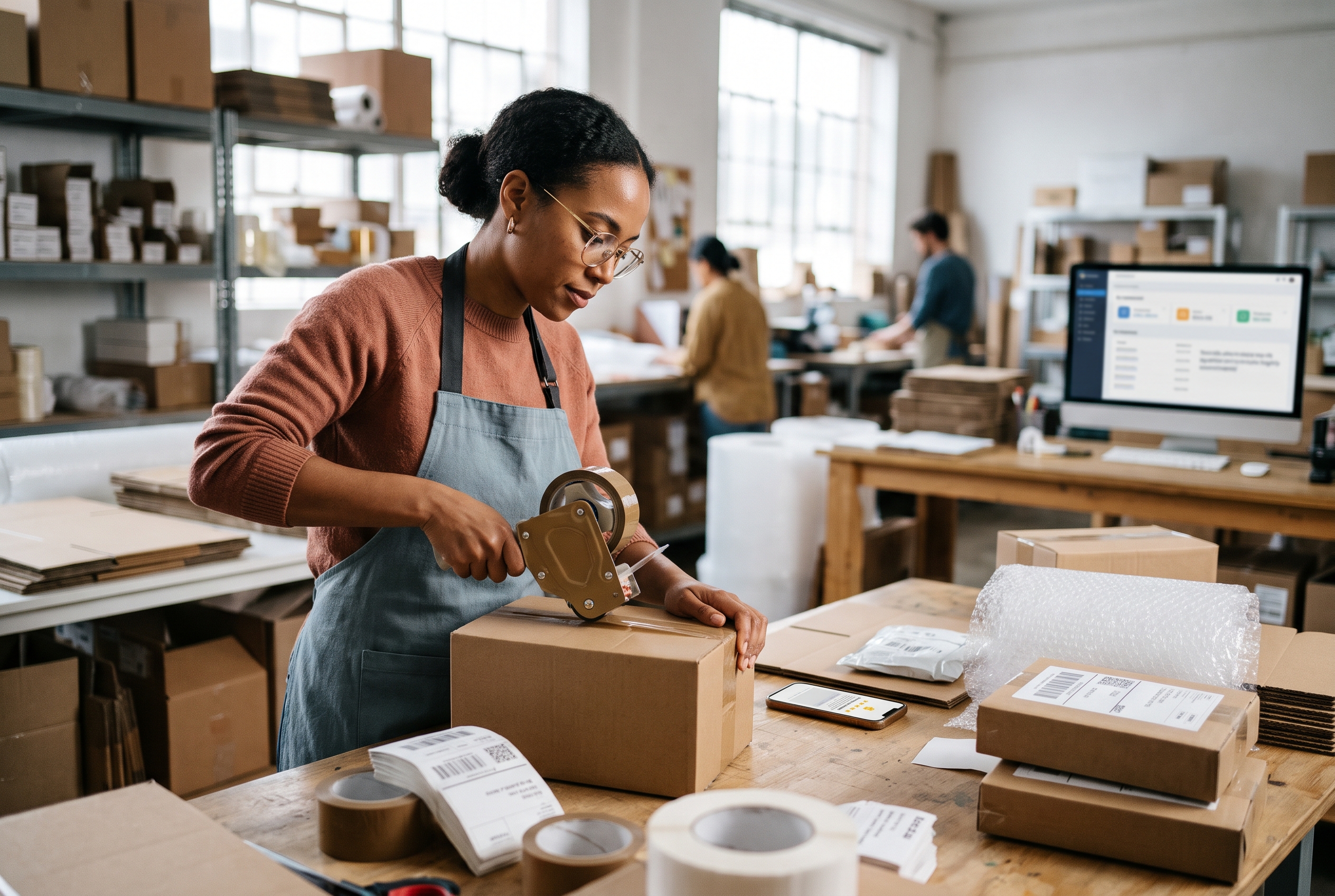 Founder packing a customer order at a shipping table while a phone nearby shows a five-star review notification