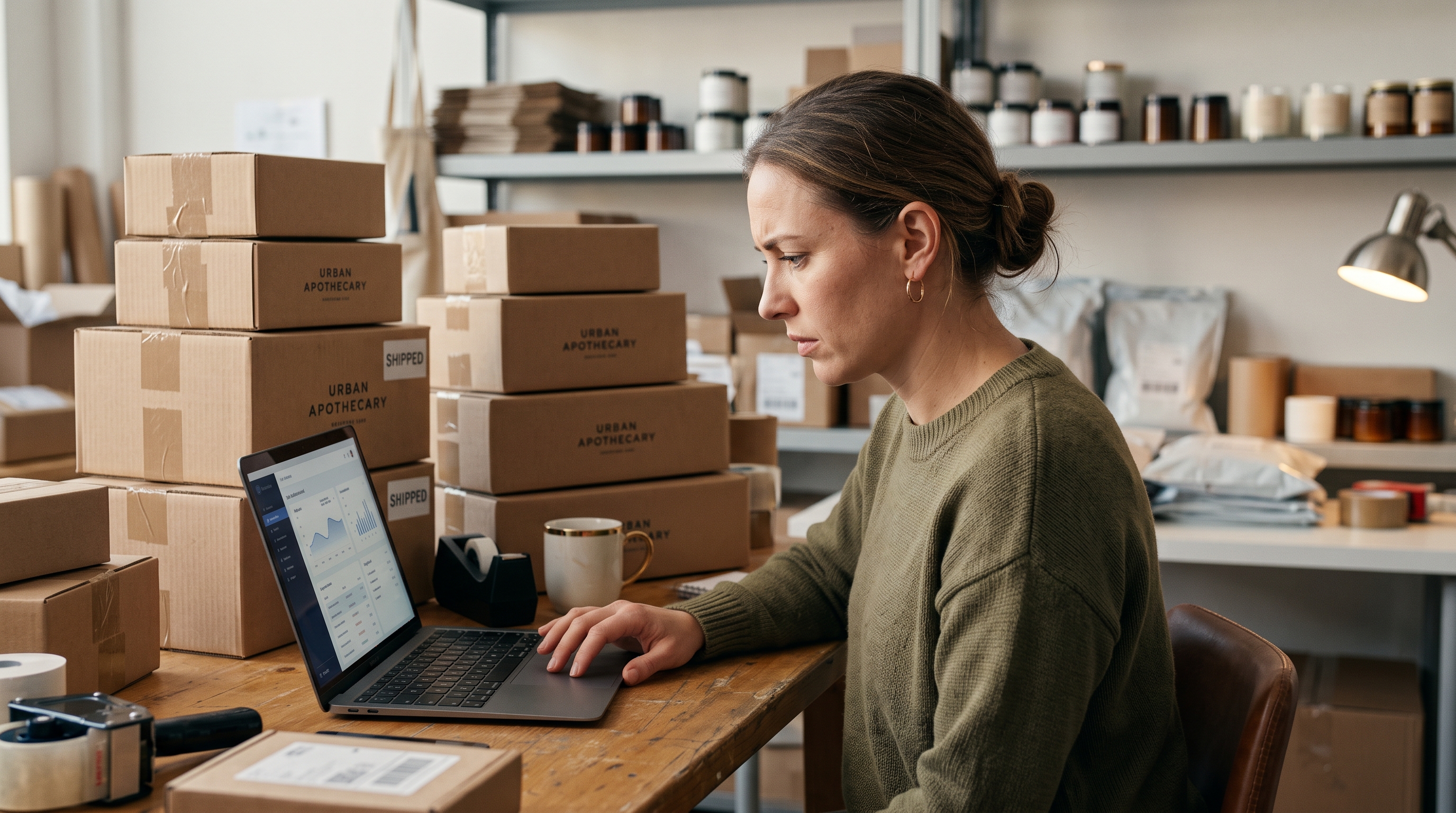 Online store owner at a desk reviewing a payment dispute notification on a laptop beside packed shipping boxes