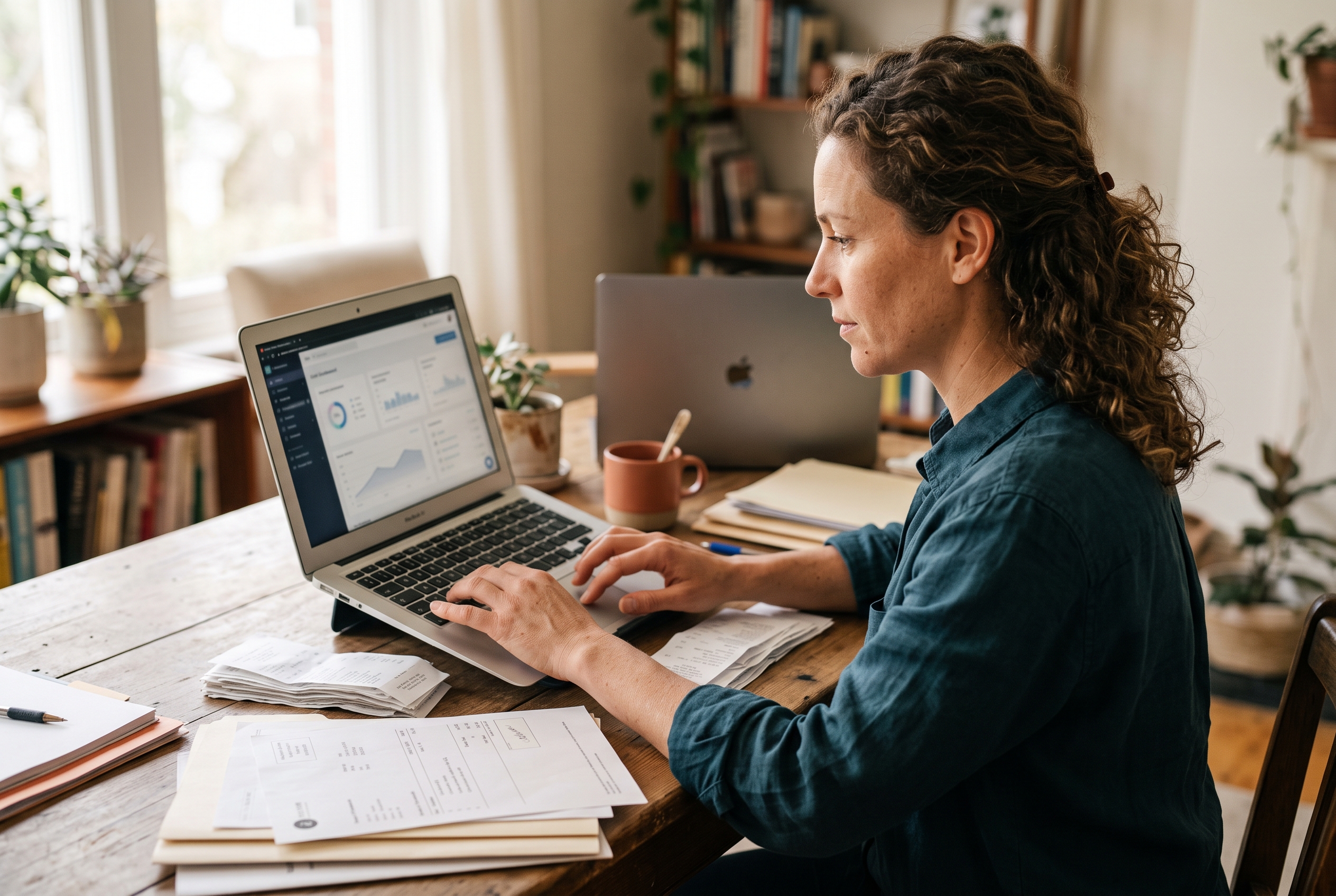 Merchant organizing printed shipping receipts and order confirmations on a wooden desk while typing on a laptop