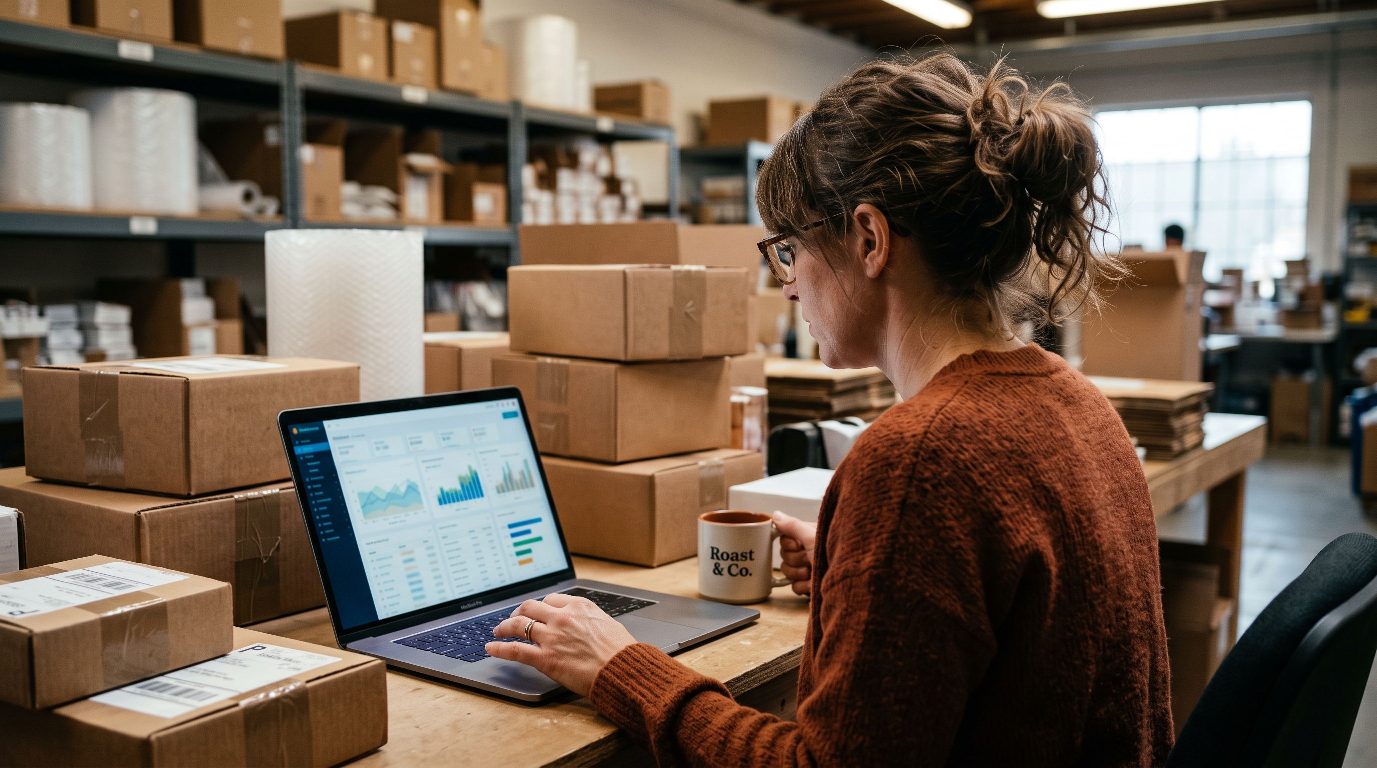 Small business owner reviewing store analytics on a laptop at a cluttered desk surrounded by shipping boxes