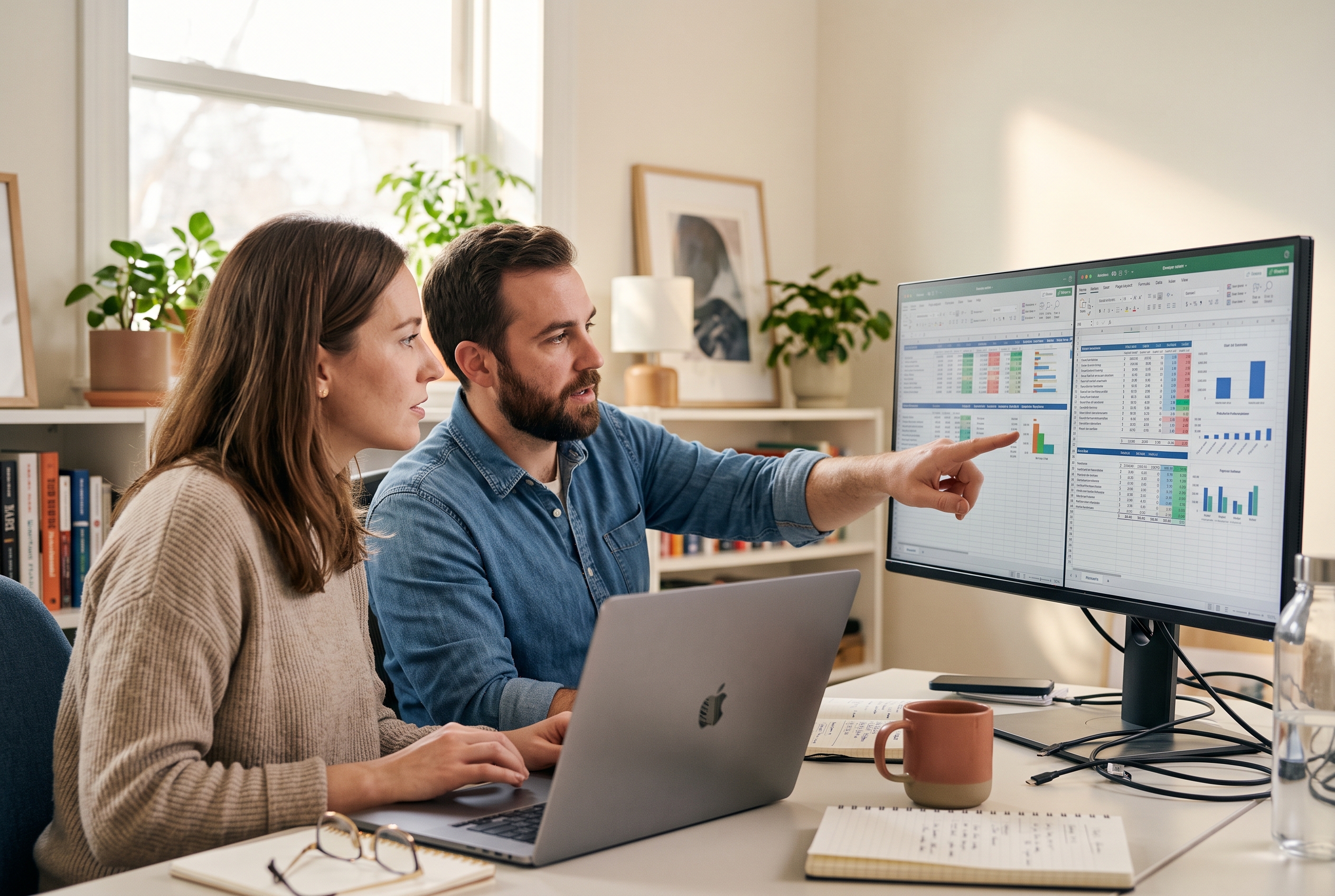Two people comparing product spreadsheets side by side on a wide monitor in a bright home office