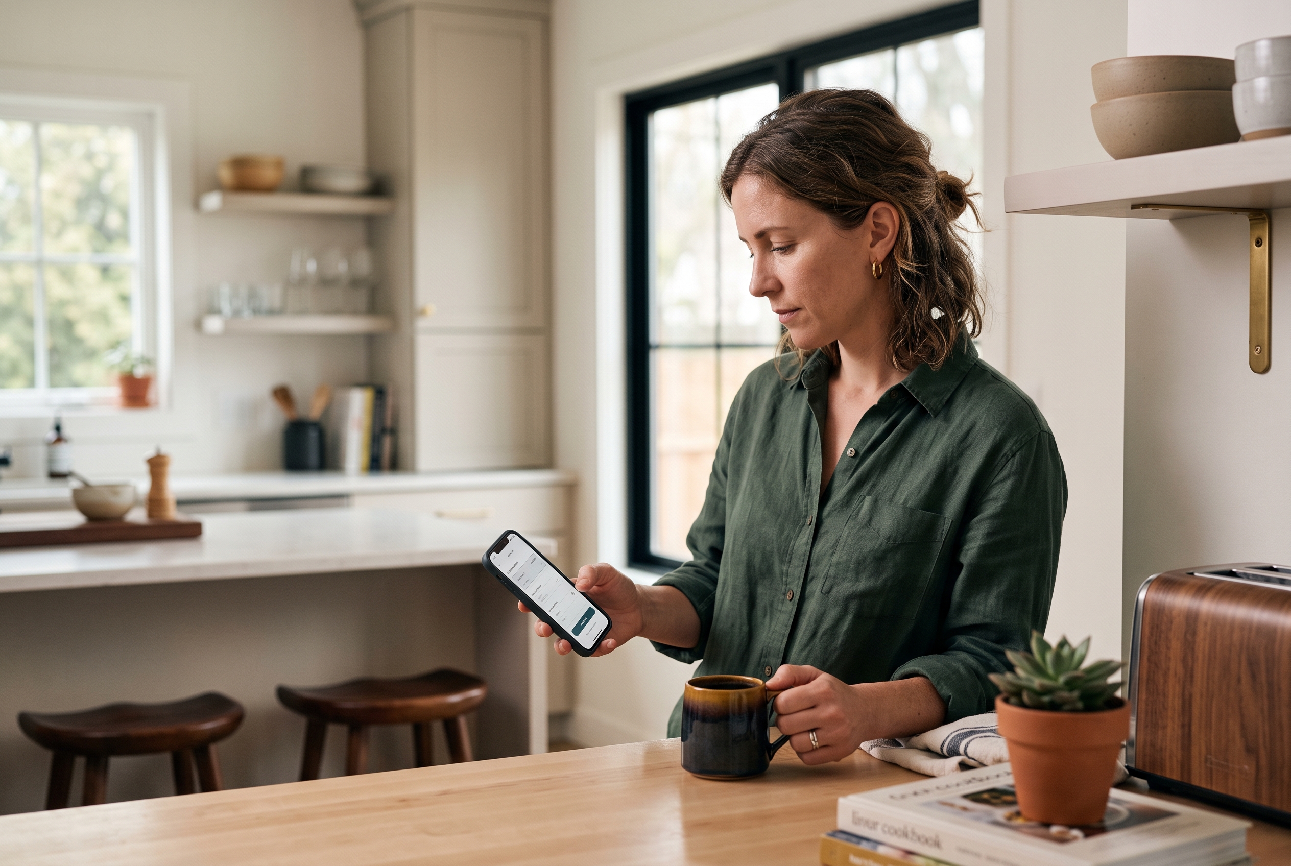 Founder checking a checkout flow on a phone while holding a coffee mug at a kitchen counter in morning light