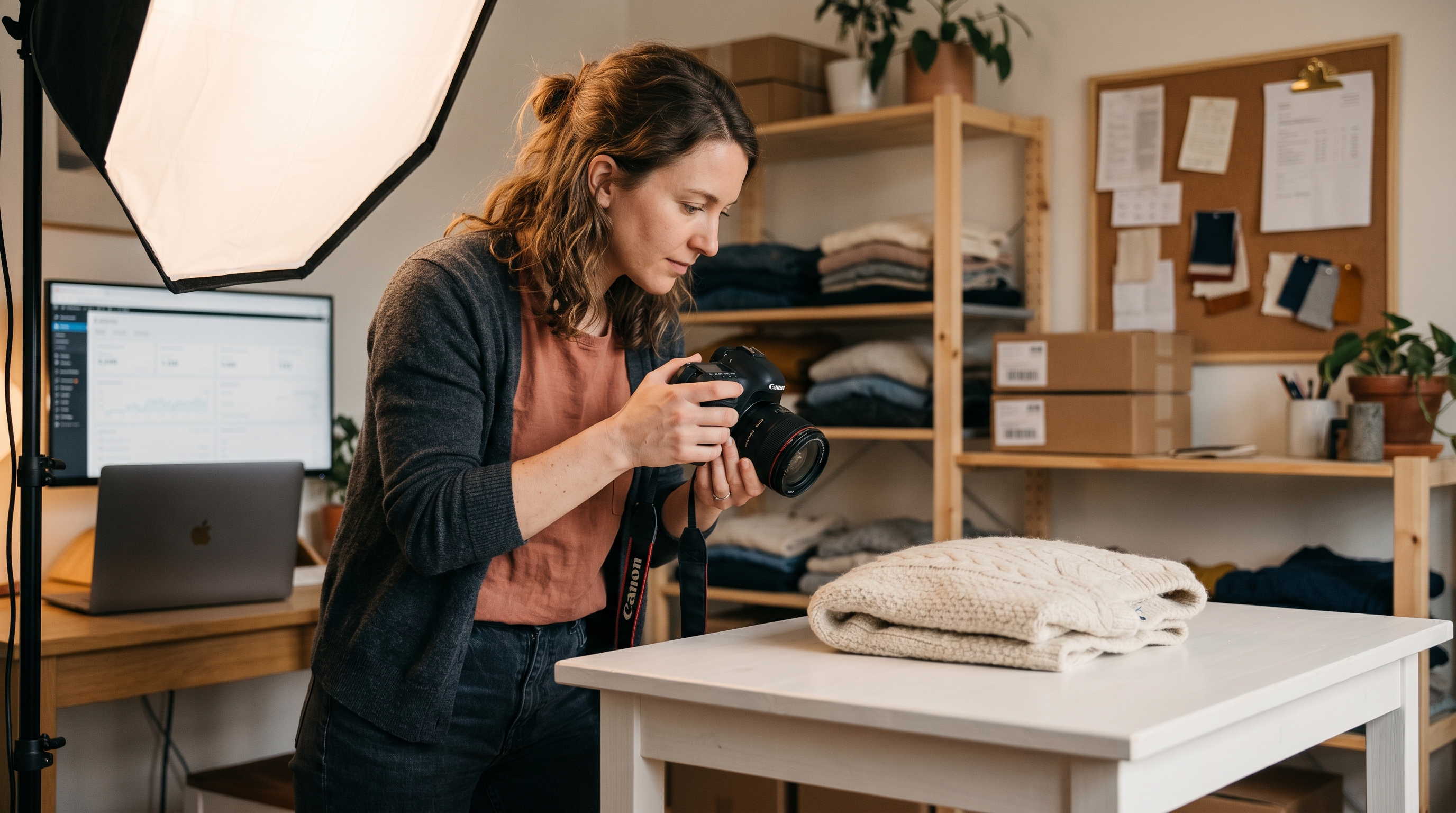 Small business owner photographing a folded sweater on a white table under a softbox light in a home studio