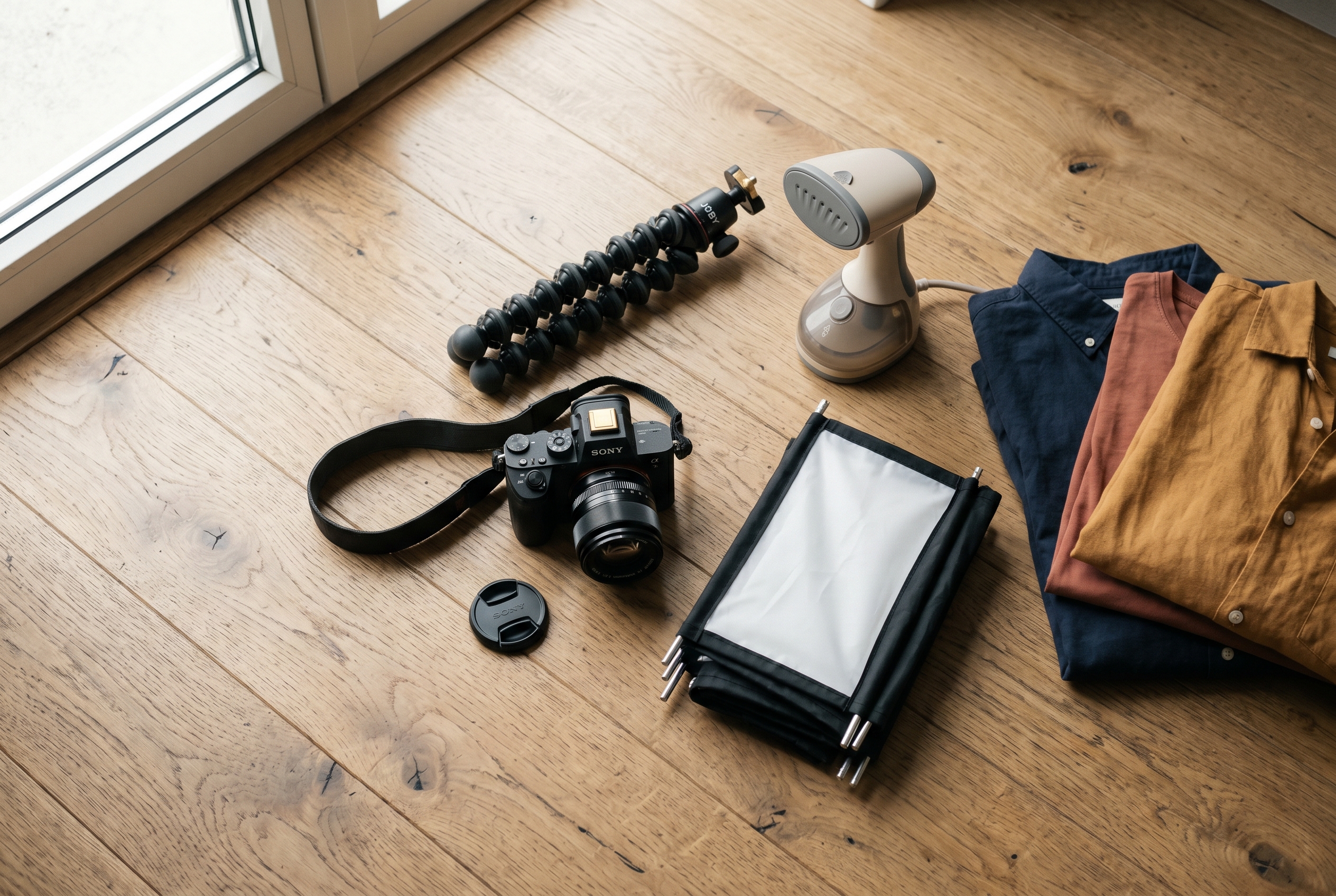 Flat lay of camera, phone tripod, softbox light and steamer arranged on a wooden floor next to a stack of folded shirts