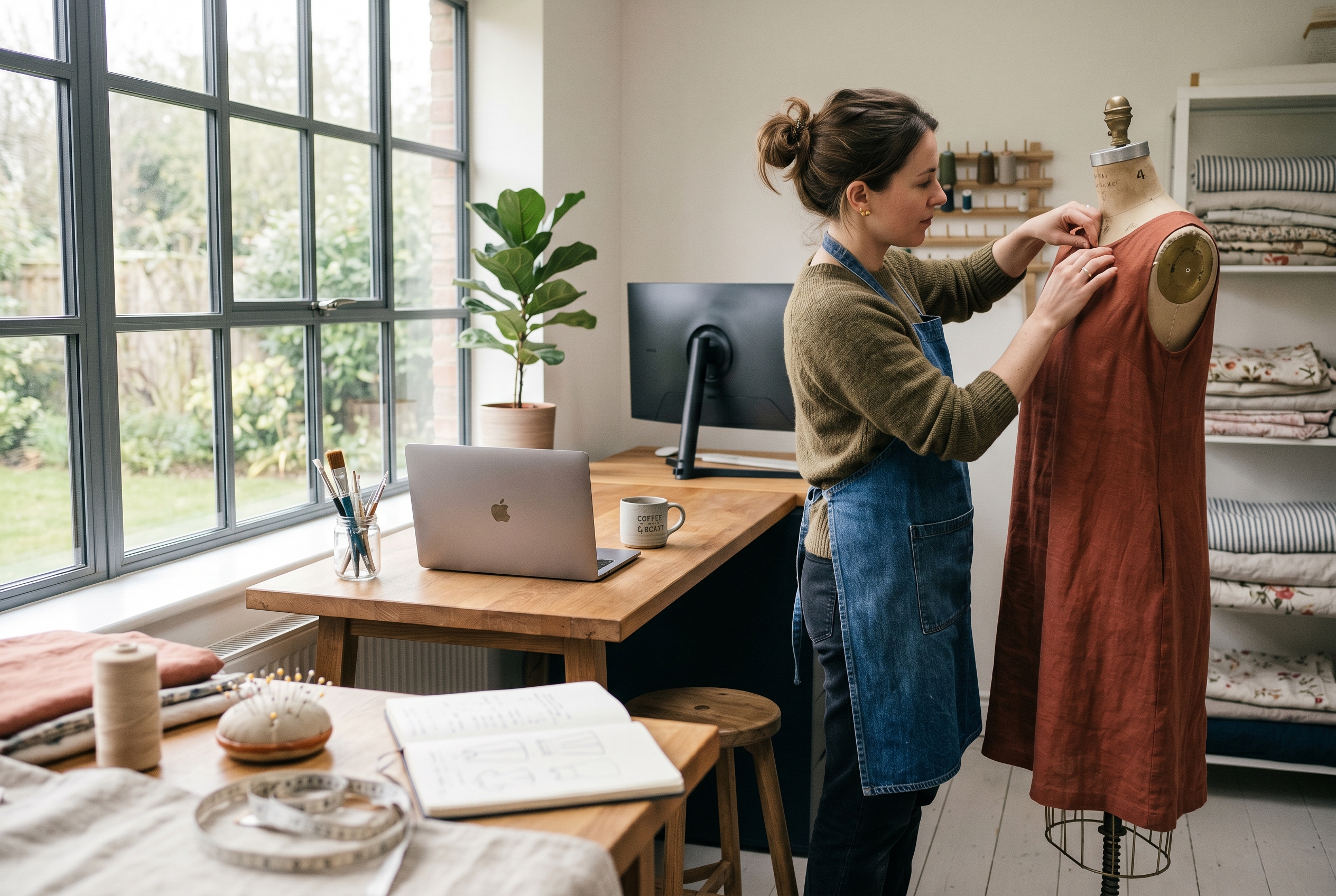 Maker positioning a dress on a mannequin beside a large window with soft daylight in a bright home workspace