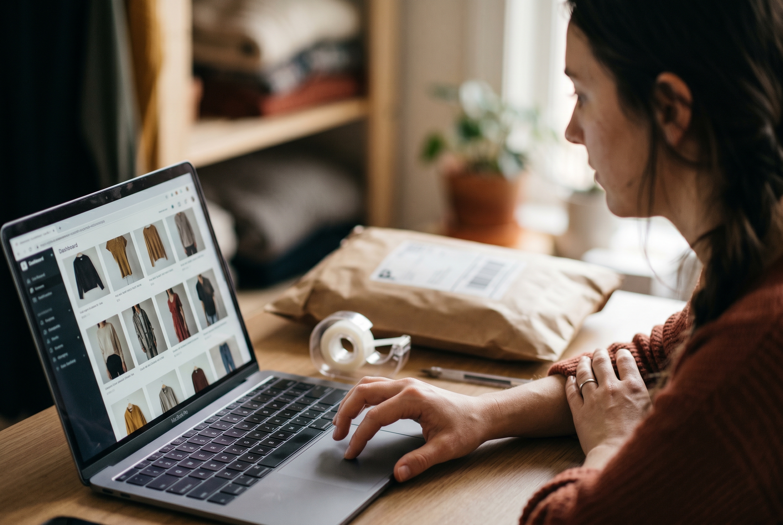 Online seller reviewing a grid of clothing photos on a laptop at a tidy desk with a packed order beside her